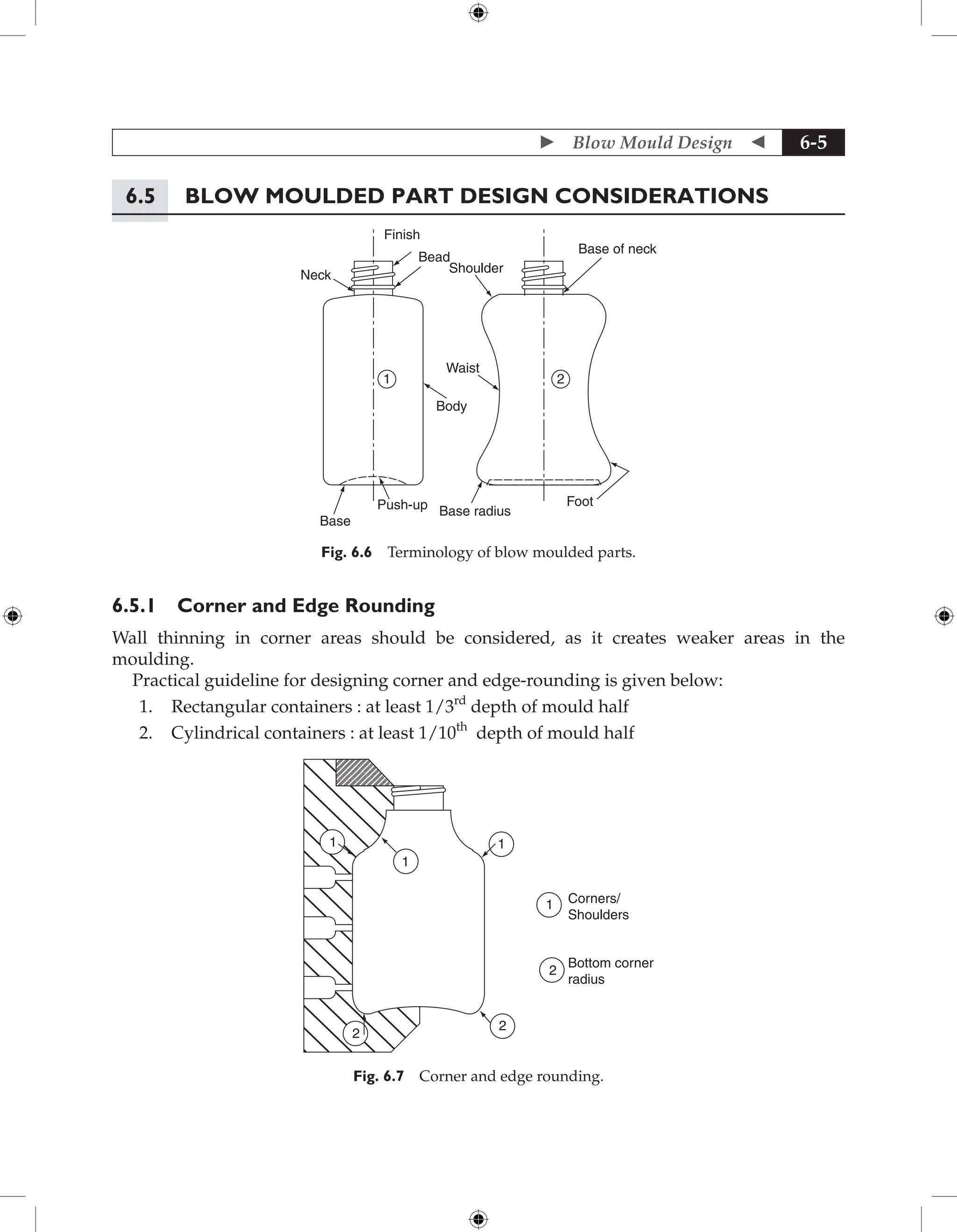  Blow Mould Design  6-5
6.5 Blow Moulded Part Design Considerations
1 2
Base
Push-up Base radius
Foot
Base of neck
Body
Waist
Shoulder
Bead
Finish
Neck
Fig. 6.6 Terminology of blow moulded parts.
6.5.1 Corner and Edge Rounding
Wall thinning in corner areas should be considered, as it creates weaker areas in the
moulding.
Practical guideline for designing corner and edge-rounding is given below:
1. Rectangular containers : at least 1/3rd
depth of mould half
2. Cylindrical containers : at least 1/10th
depth of mould half
1
1
1
1
2
2
2
Corners/
Shoulders
Bottom corner
radius
Fig. 6.7 Corner and edge rounding.
 
