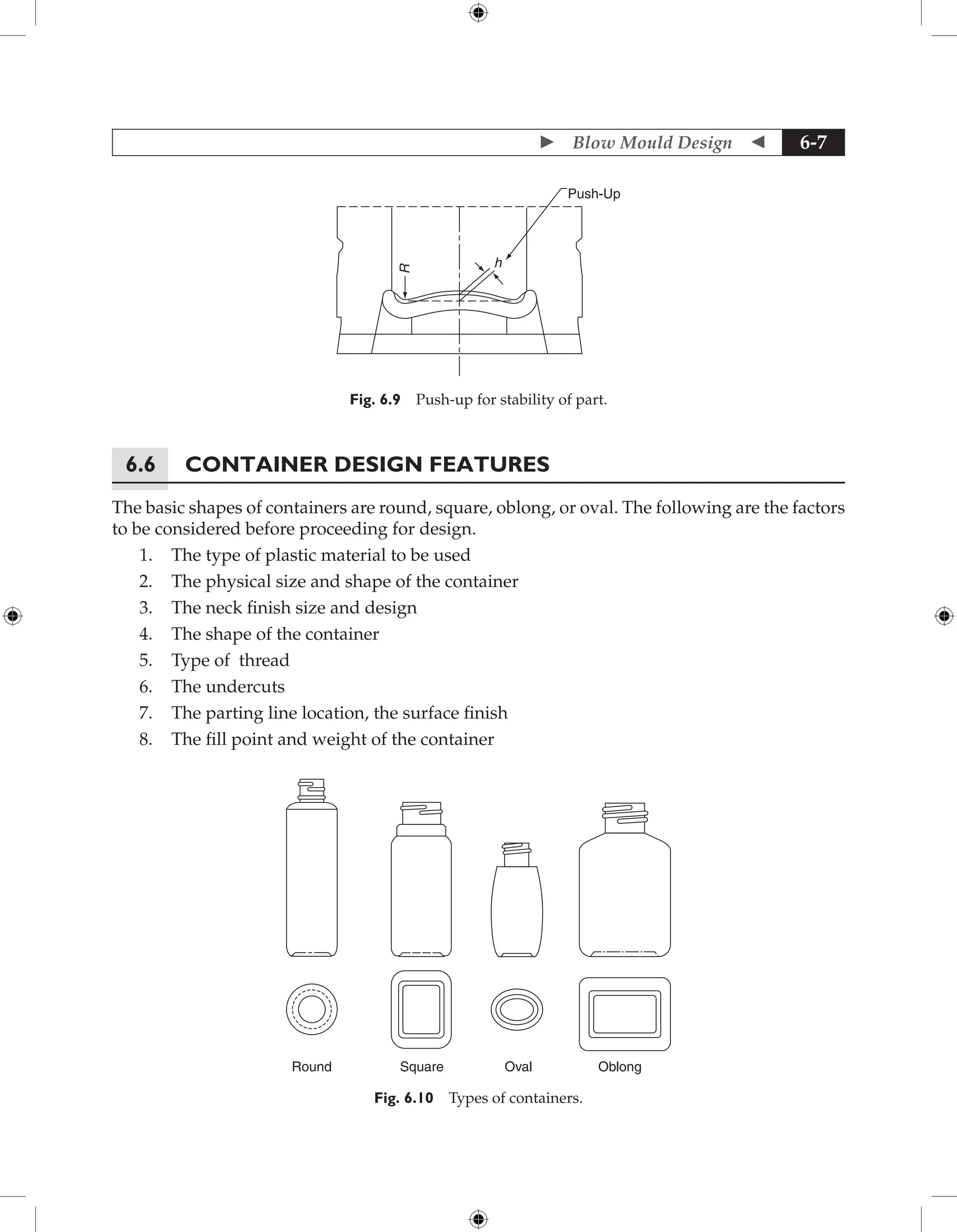  Blow Mould Design  6-7
R
h
Push-Up
Fig. 6.9 Push-up for stability of part.
6.6	Container Design Features
The basic shapes of containers are round, square, oblong, or oval. The following are the factors
to be considered before proceeding for design.
1. The type of plastic material to be used
2. The physical size and shape of the container
3. The neck finish size and design
4. The shape of the container
5. Type of thread
6. The undercuts
7. The parting line location, the surface finish
8. The fill point and weight of the container
Round Square Oval Oblong
Fig. 6.10 Types of containers.
 