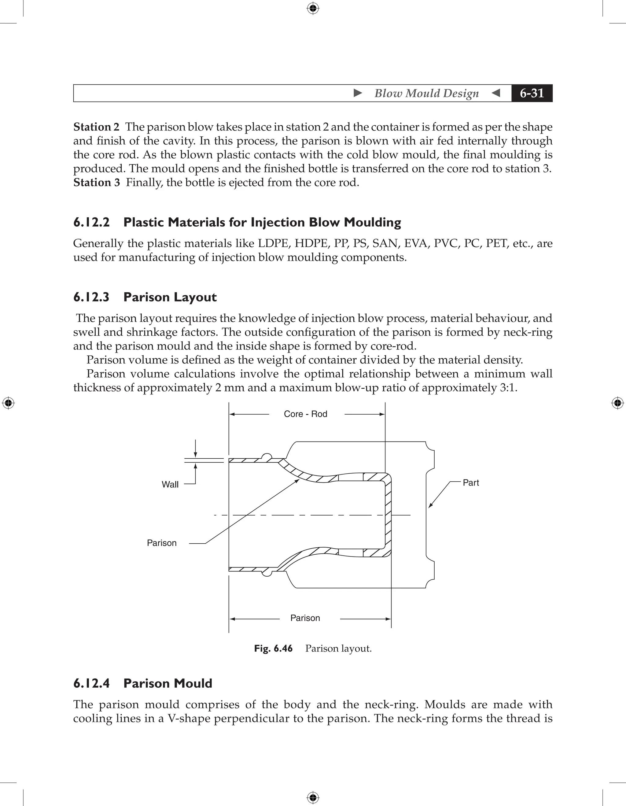  Blow Mould Design  6-31
Station 2 The parison blow takes place in station 2 and the container is formed as per the shape
and finish of the cavity. In this process, the parison is blown with air fed internally through
the core rod. As the blown plastic contacts with the cold blow mould, the final moulding is
produced. The mould opens and the finished bottle is transferred on the core rod to station 3.
Station 3 Finally, the bottle is ejected from the core rod.
6.12.2 Plastic Materials for Injection Blow Moulding
Generally the plastic materials like LDPE, HDPE, PP, PS, SAN, EVA, PVC, PC, PET, etc., are
used for manufacturing of injection blow moulding components.
6.12.3 Parison Layout
The parison layout requires the knowledge of injection blow process, material behaviour, and
swell and shrinkage factors. The outside configuration of the parison is formed by neck-ring
and the parison mould and the inside shape is formed by core-rod.
Parison volume is defined as the weight of container divided by the material density.
Parison volume calculations involve the optimal relationship between a minimum wall
thickness of approximately 2 mm and a maximum blow-up ratio of approximately 3:1.
Core - Rod
Wall
Parison
Part
Parison
Fig. 6.46 Parison layout.
6.12.4 Parison Mould
The parison mould comprises of the body and the neck-ring. Moulds are made with
cooling lines in a V-shape perpendicular to the parison. The neck-ring forms the thread is
 