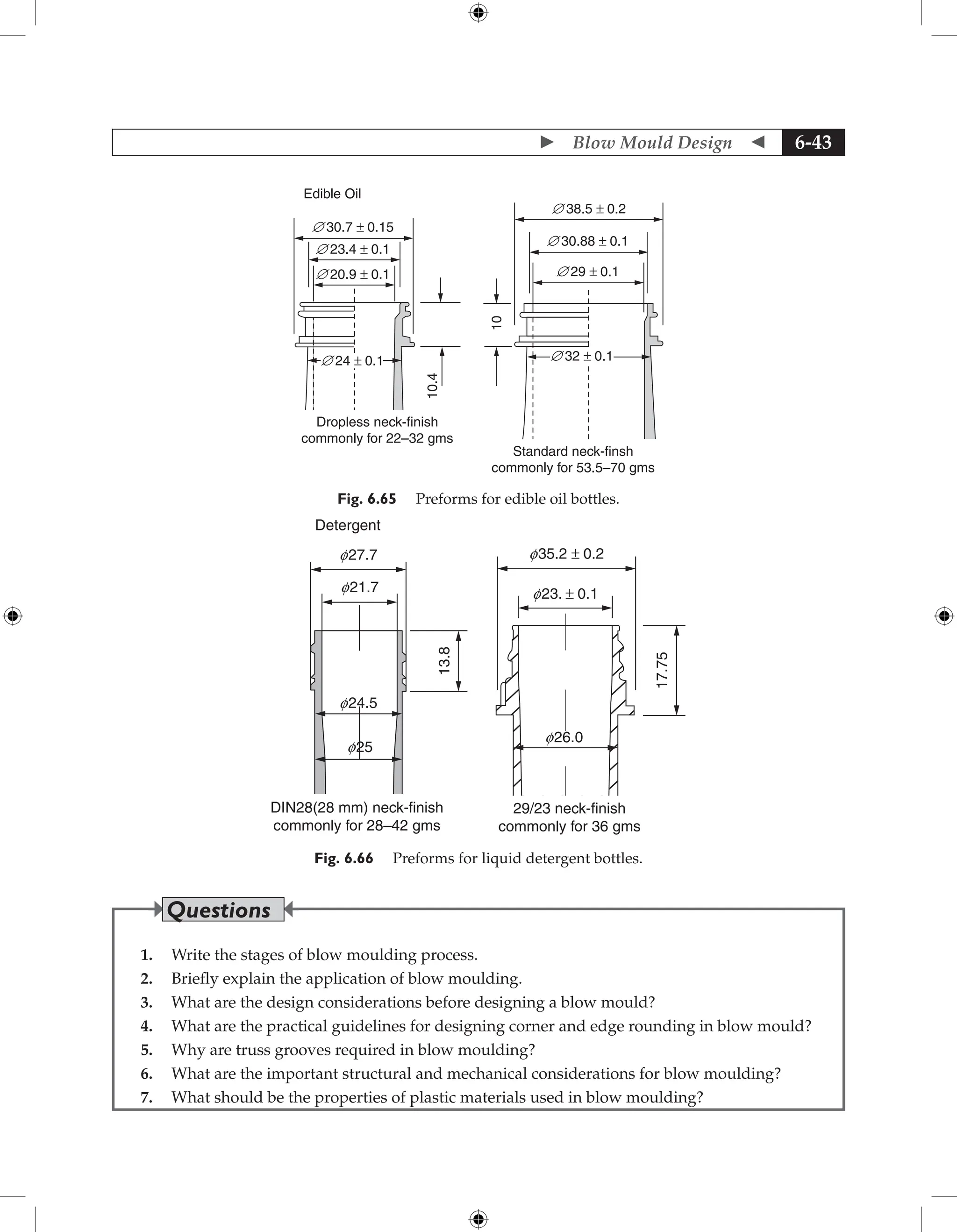  Blow Mould Design  6-43
Dropless neck-finish
commonly for 22–32 gms
Standard neck-finsh
commonly for 53.5–70 gms
§ 38.5 ± 0.2
§ 30.88 ± 0.1
§ 29 ± 0.1
10
§ 32 ± 0.1
Edible Oil
§ 30.7 ± 0.15
§ 23.4 ± 0.1
§ 20.9 ± 0.1
10.4
§ 24 ± 0.1
Fig. 6.65 Preforms for edible oil bottles.
29/23 neck-finish
commonly for 36 gms
f35.2 ± 0.2
f23. ± 0.1
f26.0
17.75
f27.7
Detergent
DIN28(28 mm) neck-finish
commonly for 28–42 gms
f21.7
f24.5
f25
13.8
Fig. 6.66 Preforms for liquid detergent bottles.
1. Write the stages of blow moulding process.
2. Briefly explain the application of blow moulding.
3. What are the design considerations before designing a blow mould?
4. What are the practical guidelines for designing corner and edge rounding in blow mould?
5. Why are truss grooves required in blow moulding?
6. What are the important structural and mechanical considerations for blow moulding?
7. What should be the properties of plastic materials used in blow moulding?
Questions
 