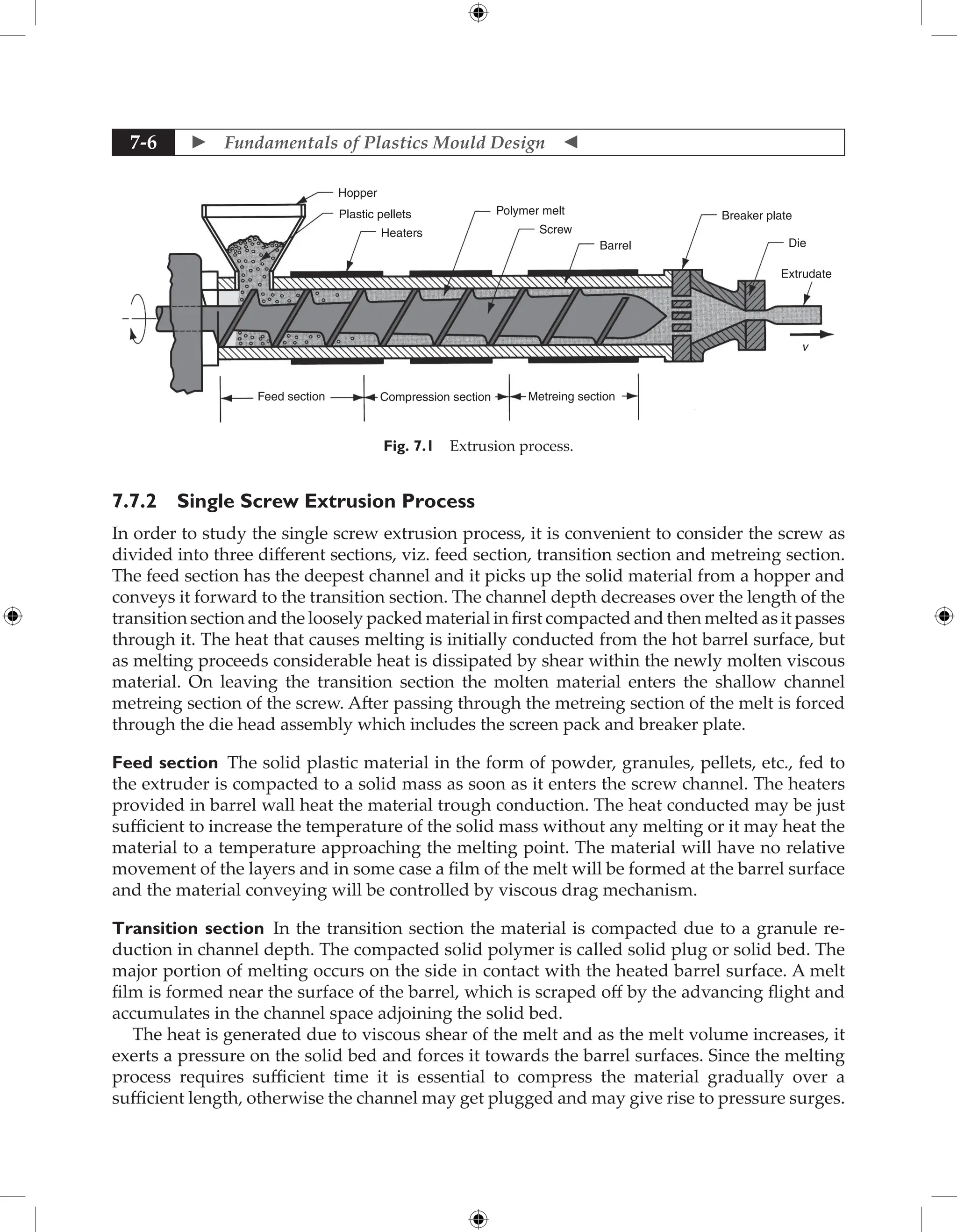  Fundamentals of Plastics Mould Design 
7-6
Hopper
Plastic pellets
Heaters
Polymer melt
Screw
Barrel
Breaker plate
Die
Extrudate
v
Metreing section
Compression section
Feed section
Fig. 7.1 Extrusion process.
7.7.2 Single Screw Extrusion Process
In order to study the single screw extrusion process, it is convenient to consider the screw as
divided into three different sections, viz. feed section, transition section and metreing section.
The feed section has the deepest channel and it picks up the solid material from a hopper and
conveys it forward to the transition section. The channel depth decreases over the length of the
transition section and the loosely packed material in first compacted and then melted as it passes
through it. The heat that causes melting is initially conducted from the hot barrel surface, but
as melting proceeds considerable heat is dissipated by shear within the newly molten viscous
material. On leaving the transition section the molten material enters the shallow channel
metreing section of the screw. After passing through the metreing section of the melt is forced
through the die head assembly which includes the screen pack and breaker plate.
Feed section The solid plastic material in the form of powder, granules, pellets, etc., fed to
the extruder is compacted to a solid mass as soon as it enters the screw channel. The heaters
provided in barrel wall heat the material trough conduction. The heat conducted may be just
sufficient to increase the temperature of the solid mass without any melting or it may heat the
material to a temperature approaching the melting point. The material will have no relative
movement of the layers and in some case a film of the melt will be formed at the barrel surface
and the material conveying will be controlled by viscous drag mechanism.
Transition section In the transition section the material is compacted due to a granule re-
duction in channel depth. The compacted solid polymer is called solid plug or solid bed. The
major portion of melting occurs on the side in contact with the heated barrel surface. A melt
film is formed near the surface of the barrel, which is scraped off by the advancing flight and
accumulates in the channel space adjoining the solid bed.
The heat is generated due to viscous shear of the melt and as the melt volume increases, it
exerts a pressure on the solid bed and forces it towards the barrel surfaces. Since the melting
process requires sufficient time it is essential to compress the material gradually over a
sufficient length, otherwise the channel may get plugged and may give rise to pressure surges.
 