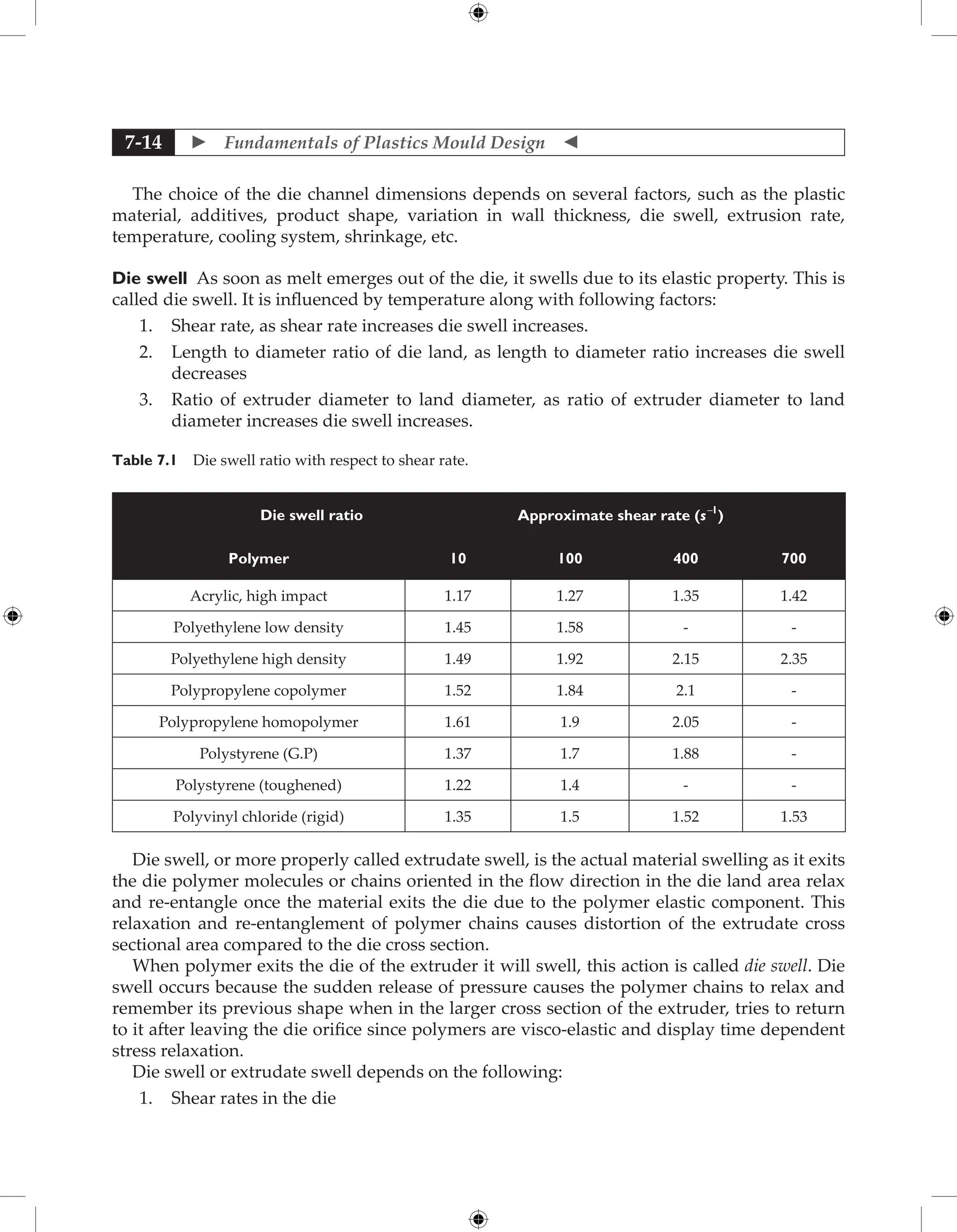  Fundamentals of Plastics Mould Design 
7-14
The choice of the die channel dimensions depends on several factors, such as the plastic
material, additives, product shape, variation in wall thickness, die swell, extrusion rate,
temperature, cooling system, shrinkage, etc.
Die swell As soon as melt emerges out of the die, it swells due to its elastic property. This is
called die swell. It is influenced by temperature along with following factors:
1. Shear rate, as shear rate increases die swell increases.
2. Length to diameter ratio of die land, as length to diameter ratio increases die swell
decreases
3. Ratio of extruder diameter to land diameter, as ratio of extruder diameter to land
diameter increases die swell increases.
Table 7.1 Die swell ratio with respect to shear rate.
Die swell ratio Approximate shear rate (s-1
)
Polymer 10 100 400 700
Acrylic, high impact 1.17 1.27 1.35 1.42
Polyethylene low density 1.45 1.58 - -
Polyethylene high density 1.49 1.92 2.15 2.35
Polypropylene copolymer 1.52 1.84 2.1 -
Polypropylene homopolymer 1.61 1.9 2.05 -
Polystyrene (G.P) 1.37 1.7 1.88 -
Polystyrene (toughened) 1.22 1.4 - -
Polyvinyl chloride (rigid) 1.35 1.5 1.52 1.53
Die swell, or more properly called extrudate swell, is the actual material swelling as it exits
the die polymer molecules or chains oriented in the flow direction in the die land area relax
and re-entangle once the material exits the die due to the polymer elastic component. This
relaxation and re-entanglement of polymer chains causes distortion of the extrudate cross
sectional area compared to the die cross section.
When polymer exits the die of the extruder it will swell, this action is called die swell. Die
swell occurs because the sudden release of pressure causes the polymer chains to relax and
remember its previous shape when in the larger cross section of the extruder, tries to return
to it after leaving the die orifice since polymers are visco-elastic and display time dependent
stress relaxation.
Die swell or extrudate swell depends on the following:
1. Shear rates in the die
 
