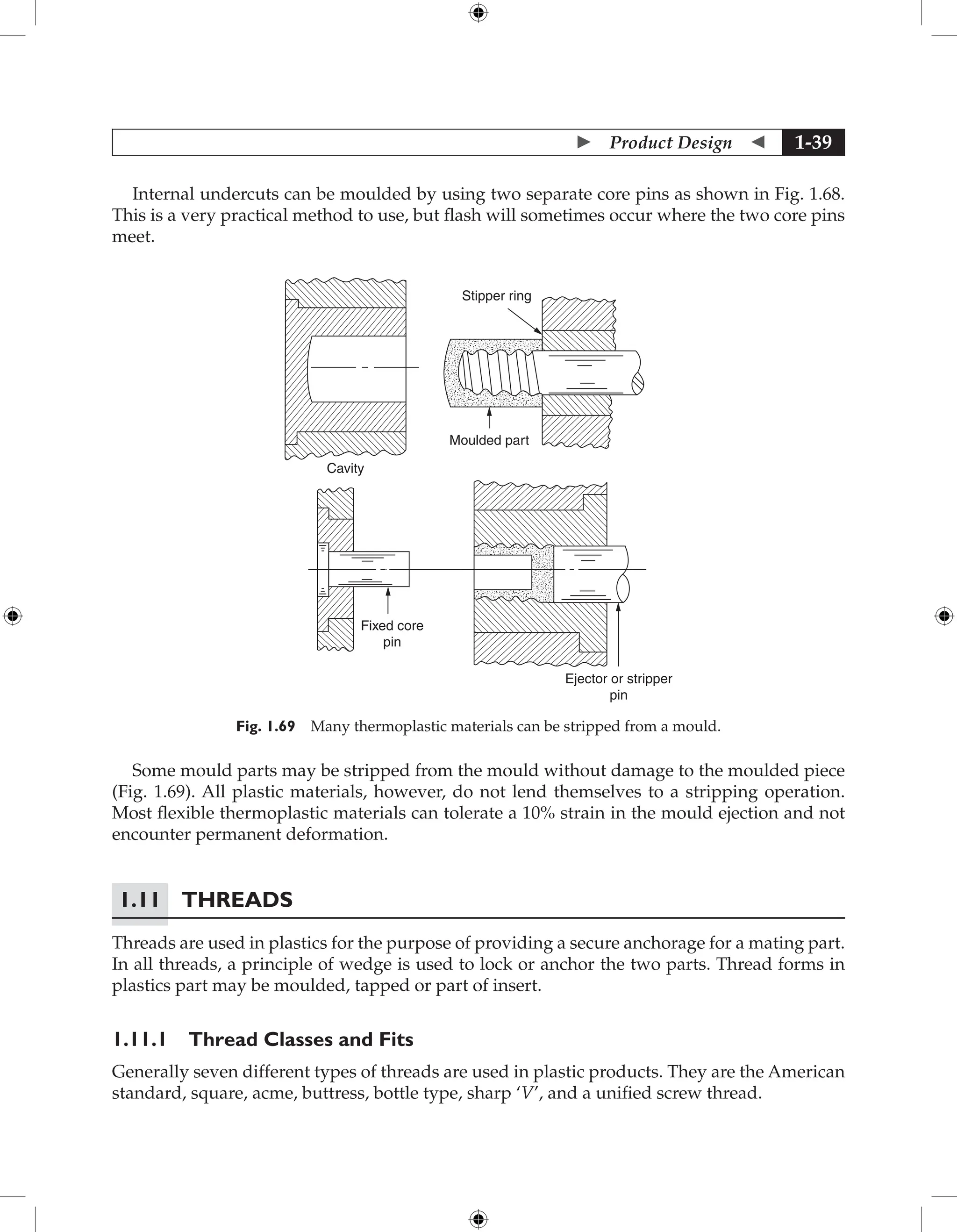 Product Design  1-39
Internal undercuts can be moulded by using two separate core pins as shown in Fig. 1.68.
This is a very practical method to use, but flash will sometimes occur where the two core pins
meet.
Stipper ring
Moulded part
Cavity
Fixed core
pin
Ejector or stripper
pin
Fig. 1.69 Many thermoplastic materials can be stripped from a mould.
Some mould parts may be stripped from the mould without damage to the moulded piece
(Fig. 1.69). All plastic materials, however, do not lend themselves to a stripping operation.
Most flexible thermoplastic materials can tolerate a 10% strain in the mould ejection and not
encounter permanent deformation.
1.11	Threads
Threads are used in plastics for the purpose of providing a secure anchorage for a mating part.
In all threads, a principle of wedge is used to lock or anchor the two parts. Thread forms in
plastics part may be moulded, tapped or part of insert.
1.11.1 Thread Classes and Fits
Generally seven different types of threads are used in plastic products. They are the American
standard, square, acme, buttress, bottle type, sharp ‘V’, and a unified screw thread.
 