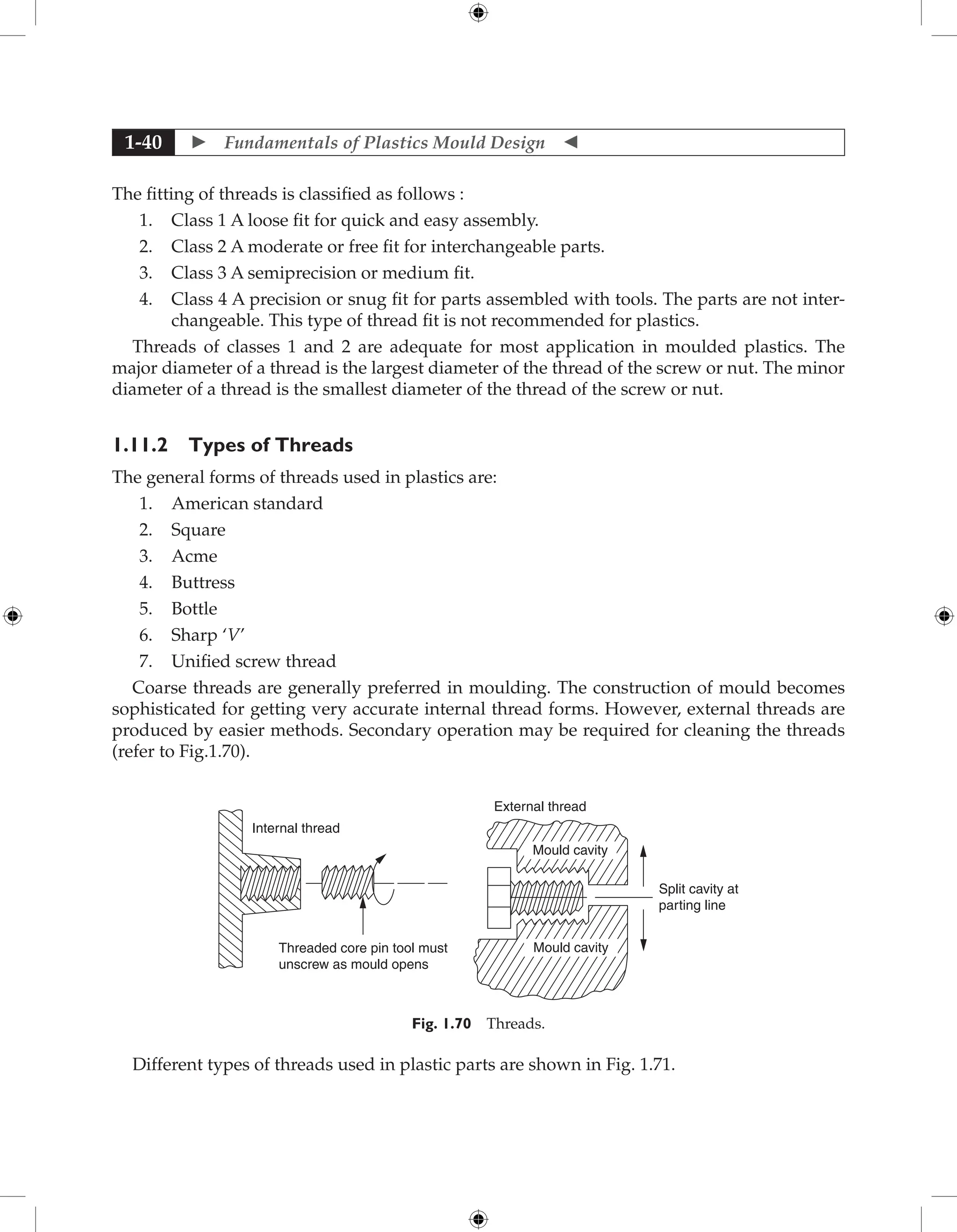  Fundamentals of Plastics Mould Design 
1-40
The fitting of threads is classified as follows :
1. Class 1 A loose fit for quick and easy assembly.
2. Class 2 A moderate or free fit for interchangeable parts.
3. Class 3 A semiprecision or medium fit.
4. Class 4 A precision or snug fit for parts assembled with tools. The parts are not inter-
changeable. This type of thread fit is not recommended for plastics.
Threads of classes 1 and 2 are adequate for most application in moulded plastics. The
major diameter of a thread is the largest diameter of the thread of the screw or nut. The minor
diameter of a thread is the smallest diameter of the thread of the screw or nut.
1.11.2 Types of Threads
The general forms of threads used in plastics are:
1. American standard
2. Square
3. Acme
4. Buttress
5. Bottle
6. Sharp ‘V’
7. Unified screw thread
Coarse threads are generally preferred in moulding. The construction of mould becomes
sophisticated for getting very accurate internal thread forms. However, external threads are
produced by easier methods. Secondary operation may be required for cleaning the threads
(refer to Fig.1.70).
Internal thread
Threaded core pin tool must
unscrew as mould opens
Mould cavity
Mould cavity
Split cavity at
parting line
External thread
Fig. 1.70 Threads.
Different types of threads used in plastic parts are shown in Fig. 1.71.
 