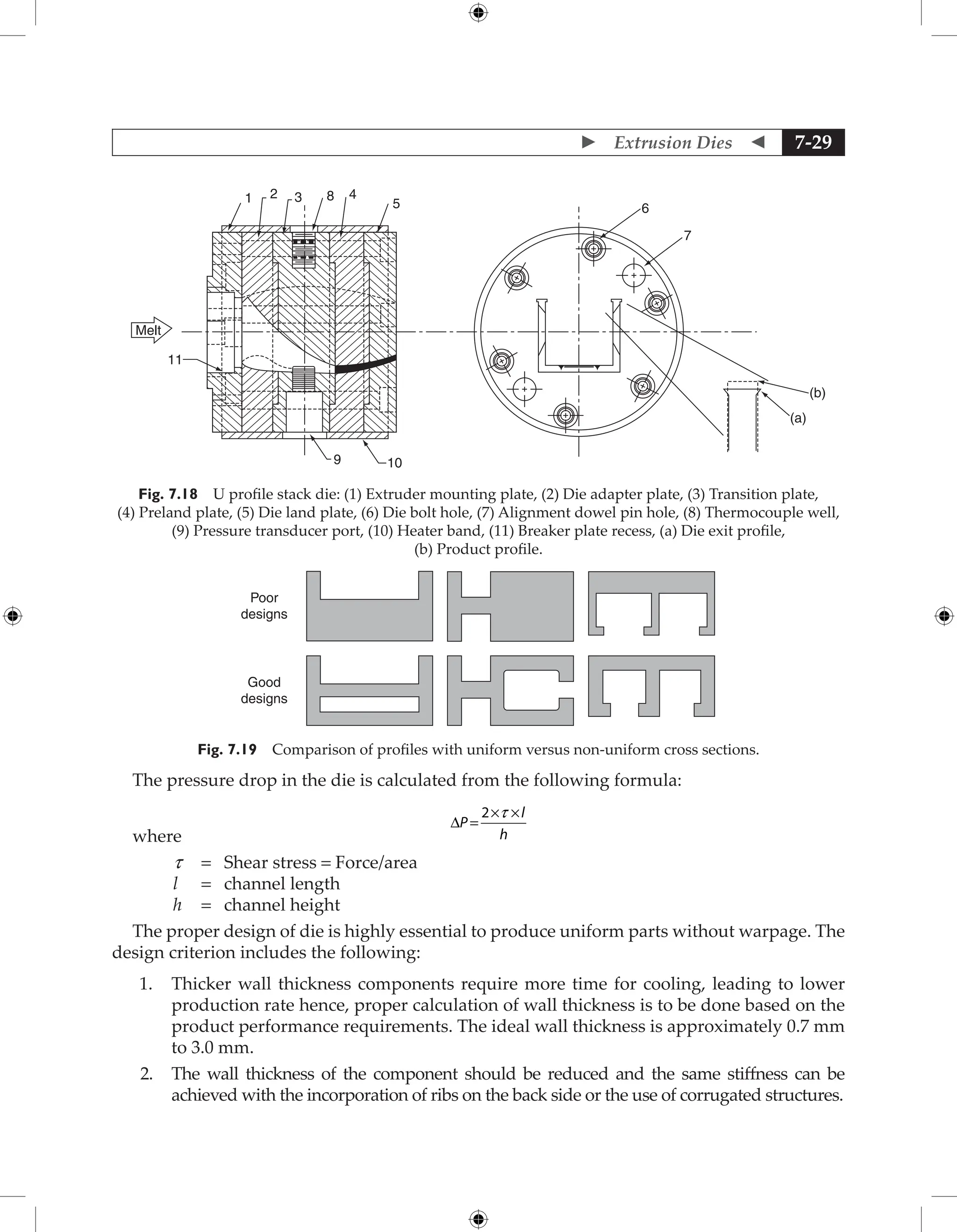  Extrusion Dies  7-29
1 2 3 8 4
5
11
9 10
Melt
6
7
(b)
(a)
Fig. 7.18 U profile stack die: (1) Extruder mounting plate, (2) Die adapter plate, (3) Transition plate,
(4) Preland plate, (5) Die land plate, (6) Die bolt hole, (7) Alignment dowel pin hole, (8) Thermocouple well,
(9) Pressure transducer port, (10) Heater band, (11) Breaker plate recess, (a) Die exit profile,
(b) Product profile.
Poor
designs
Good
designs
Fig. 7.19 Comparison of profiles with uniform versus non-uniform cross sections.
The pressure drop in the die is calculated from the following formula:
DP
l
h
=
2× ×
t
where
t = Shear stress = Force/area
l = channel length
h = channel height
The proper design of die is highly essential to produce uniform parts without warpage. The
design criterion includes the following:
1. Thicker wall thickness components require more time for cooling, leading to lower
production rate hence, proper calculation of wall thickness is to be done based on the
product performance requirements. The ideal wall thickness is approximately 0.7 mm
to 3.0 mm.
2. The wall thickness of the component should be reduced and the same stiffness can be
achieved with the incorporation of ribs on the back side or the use of corrugated structures.
 