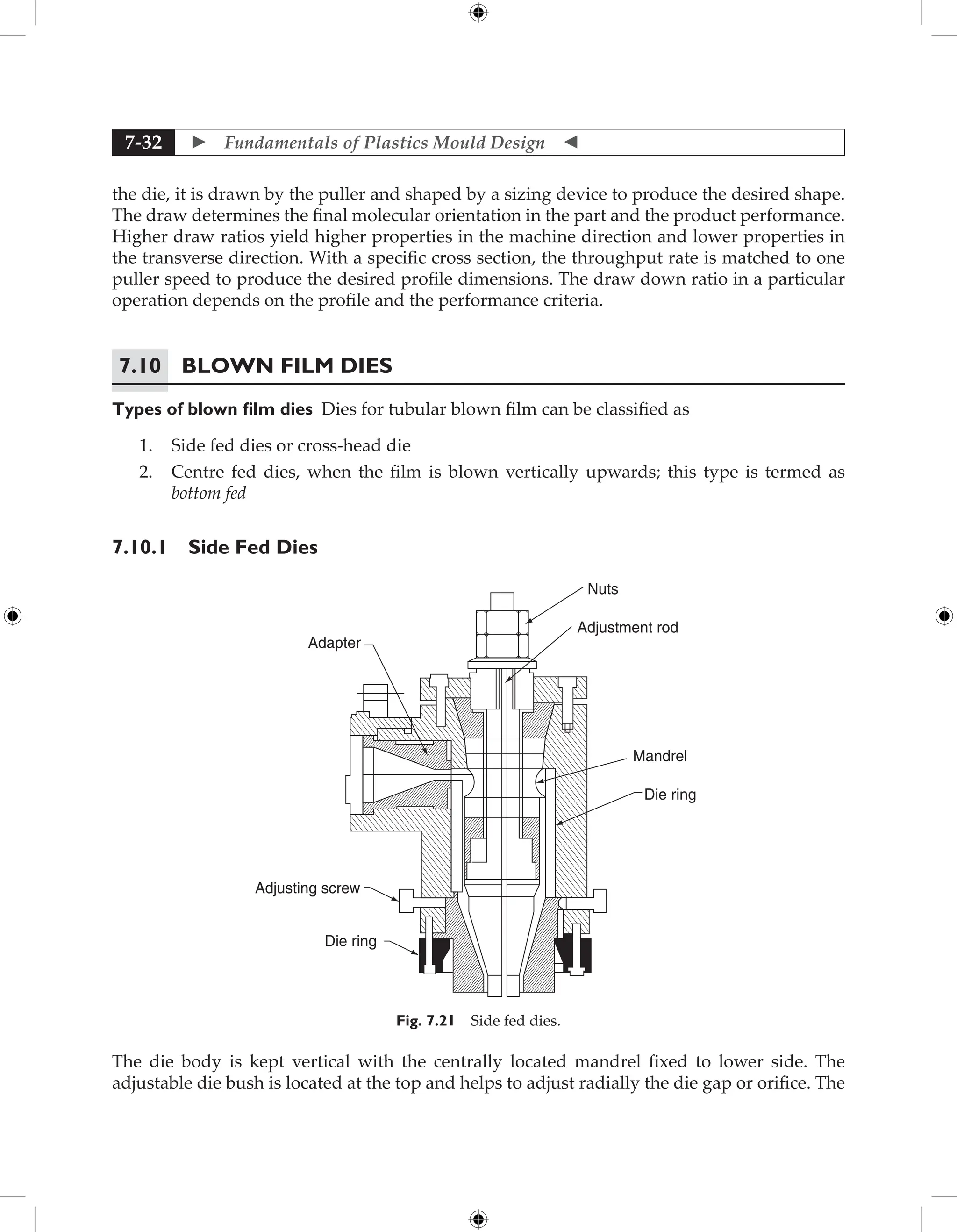  Fundamentals of Plastics Mould Design 
7-32
the die, it is drawn by the puller and shaped by a sizing device to produce the desired shape.
The draw determines the final molecular orientation in the part and the product performance.
Higher draw ratios yield higher properties in the machine direction and lower properties in
the transverse direction. With a specific cross section, the throughput rate is matched to one
puller speed to produce the desired profile dimensions. The draw down ratio in a particular
operation depends on the profile and the performance criteria.
7.10 Blown Film Dies
Types of blown film dies Dies for tubular blown film can be classified as
1. Side fed dies or cross-head die
2. Centre fed dies, when the film is blown vertically upwards; this type is termed as
bottom fed
7.10.1 Side Fed Dies
Mandrel
Die ring
Adjustment rod
Nuts
Adapter
Adjusting screw
Die ring
Fig. 7.21 Side fed dies.
The die body is kept vertical with the centrally located mandrel fixed to lower side. The
adjustable die bush is located at the top and helps to adjust radially the die gap or orifice. The
 