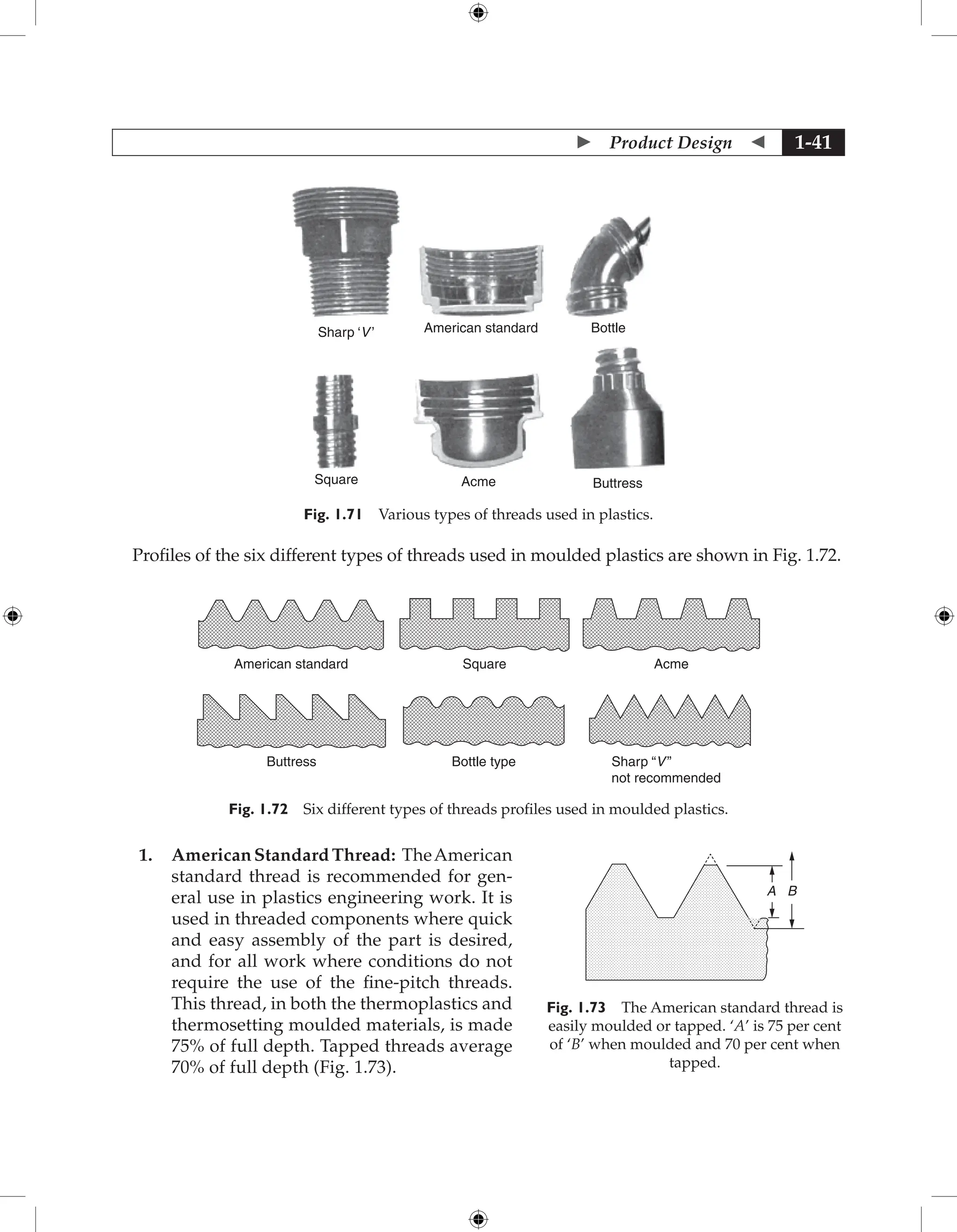  Product Design  1-41
Sharp ‘V’
Square Acme Buttress
American standard Bottle
Fig. 1.71 Various types of threads used in plastics.
Profiles of the six different types of threads used in moulded plastics are shown in Fig. 1.72.
Bottle type Sharp “V”
not recommended
Buttress
Square Acme
American standard
Fig. 1.72 Six different types of threads profiles used in moulded plastics.
1. AmericanStandardThread: TheAmerican
standard thread is recommended for gen-
eral use in plastics engineering work. It is
used in threaded components where quick
and easy assembly of the part is desired,
and for all work where conditions do not
require the use of the fine-pitch threads.
This thread, in both the thermoplastics and
thermosetting moulded materials, is made
75% of full depth. Tapped threads average
70% of full depth (Fig. 1.73).
A B
Fig. 1.73 The American standard thread is
easily moulded or tapped. ‘A’ is 75 per cent
of ‘B’ when moulded and 70 per cent when
tapped.
 