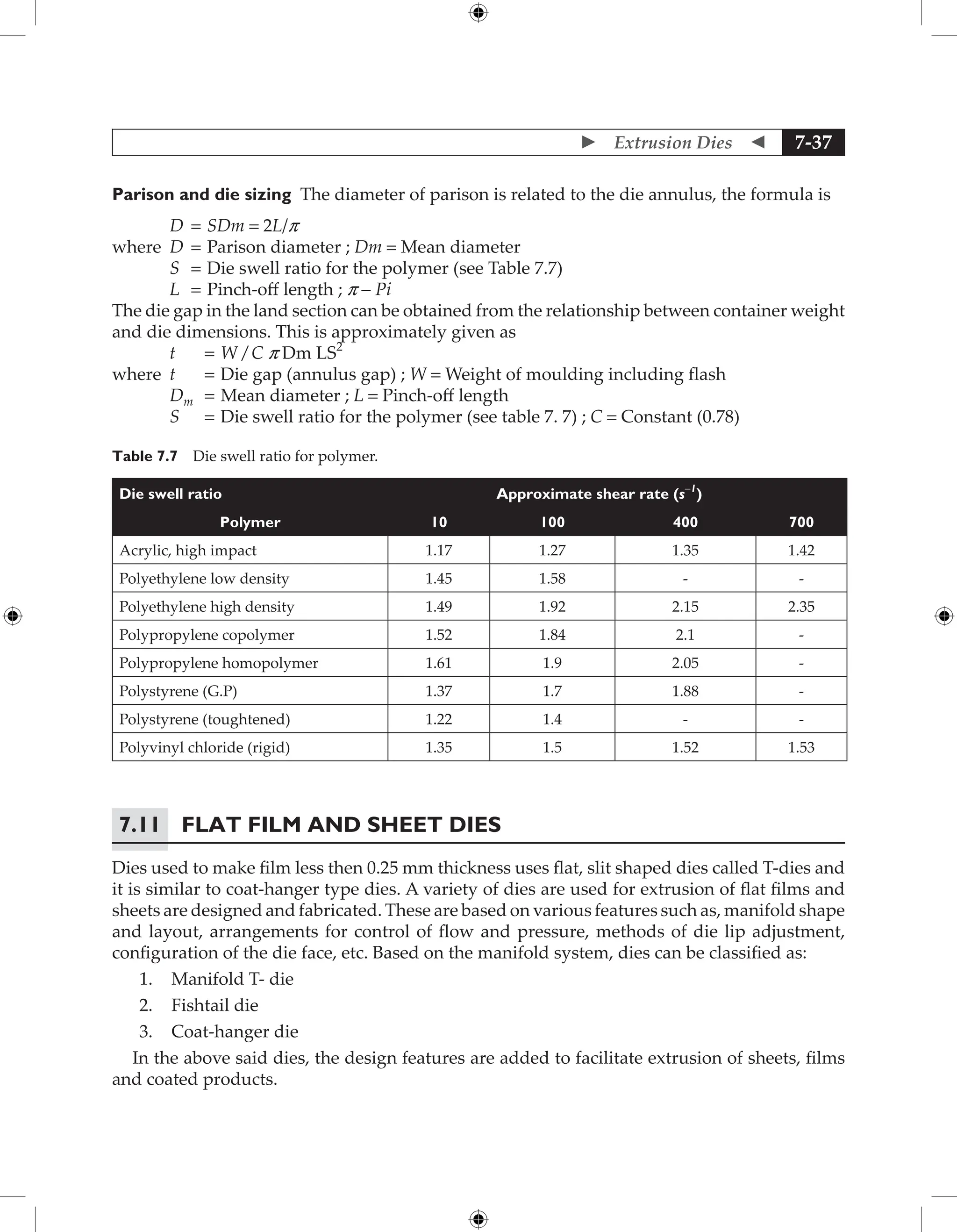 Extrusion Dies  7-37
Parison and die sizing The diameter of parison is related to the die annulus, the formula is
D = SDm = 2L/p
where D = Parison diameter ; Dm = Mean diameter
S = Die swell ratio for the polymer (see Table 7.7)
L = Pinch-off length ; p - Pi
The die gap in the land section can be obtained from the relationship between container weight
and die dimensions. This is approximately given as
t = W / C p Dm LS2
where t = Die gap (annulus gap) ; W = Weight of moulding including flash
Dm = Mean diameter ; L = Pinch-off length
S = Die swell ratio for the polymer (see table 7. 7) ; C = Constant (0.78)
Table 7.7 Die swell ratio for polymer.
Die swell ratio 	Approximate shear rate (s-1
)
Polymer 10 100 400 700
Acrylic, high impact 1.17 1.27 1.35 1.42
Polyethylene low density 1.45 1.58 - -
Polyethylene high density 1.49 1.92 2.15 2.35
Polypropylene copolymer 1.52 1.84 2.1 -
Polypropylene homopolymer 1.61 1.9 2.05 -
Polystyrene (G.P) 1.37 1.7 1.88 -
Polystyrene (toughtened) 1.22 1.4 - -
Polyvinyl chloride (rigid) 1.35 1.5 1.52 1.53
7.11	Flat Film and Sheet Dies
Dies used to make film less then 0.25 mm thickness uses flat, slit shaped dies called T-dies and
it is similar to coat-hanger type dies. A variety of dies are used for extrusion of flat films and
sheets are designed and fabricated. These are based on various features such as, manifold shape
and layout, arrangements for control of flow and pressure, methods of die lip adjustment,
configuration of the die face, etc. Based on the manifold system, dies can be classified as:
1. Manifold T- die
2. Fishtail die
3. Coat-hanger die
In the above said dies, the design features are added to facilitate extrusion of sheets, films
and coated products.
 