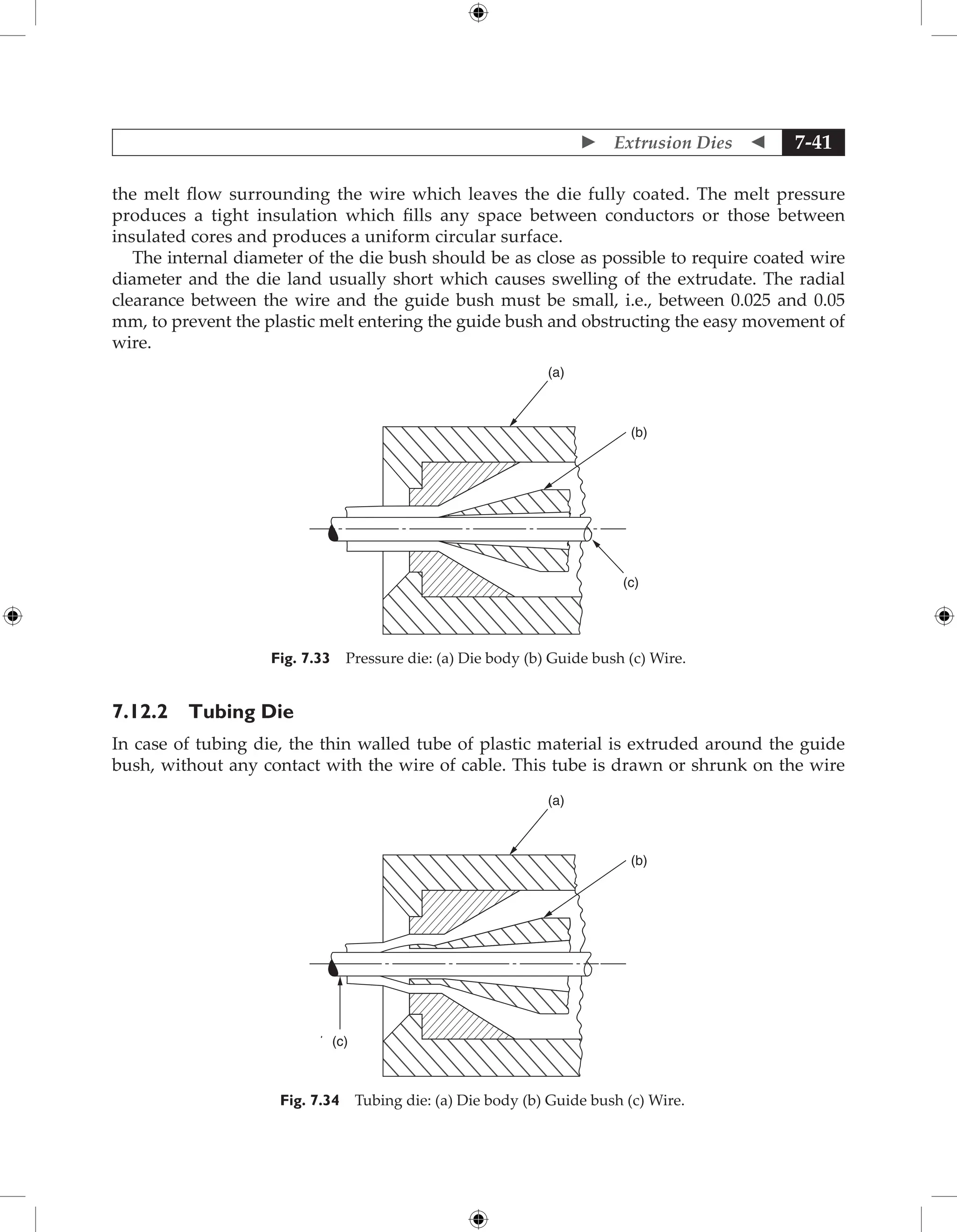  Extrusion Dies  7-41
the melt flow surrounding the wire which leaves the die fully coated. The melt pressure
produces a tight insulation which fills any space between conductors or those between
insulated cores and produces a uniform circular surface.
The internal diameter of the die bush should be as close as possible to require coated wire
diameter and the die land usually short which causes swelling of the extrudate. The radial
clearance between the wire and the guide bush must be small, i.e., between 0.025 and 0.05
mm, to prevent the plastic melt entering the guide bush and obstructing the easy movement of
wire.
(a)
(b)
(c)
Fig. 7.33 Pressure die: (a) Die body (b) Guide bush (c) Wire.
7.12.2 Tubing Die
In case of tubing die, the thin walled tube of plastic material is extruded around the guide
bush, without any contact with the wire of cable. This tube is drawn or shrunk on the wire
(a)
(b)
(c)
Fig. 7.34 Tubing die: (a) Die body (b) Guide bush (c) Wire.
 