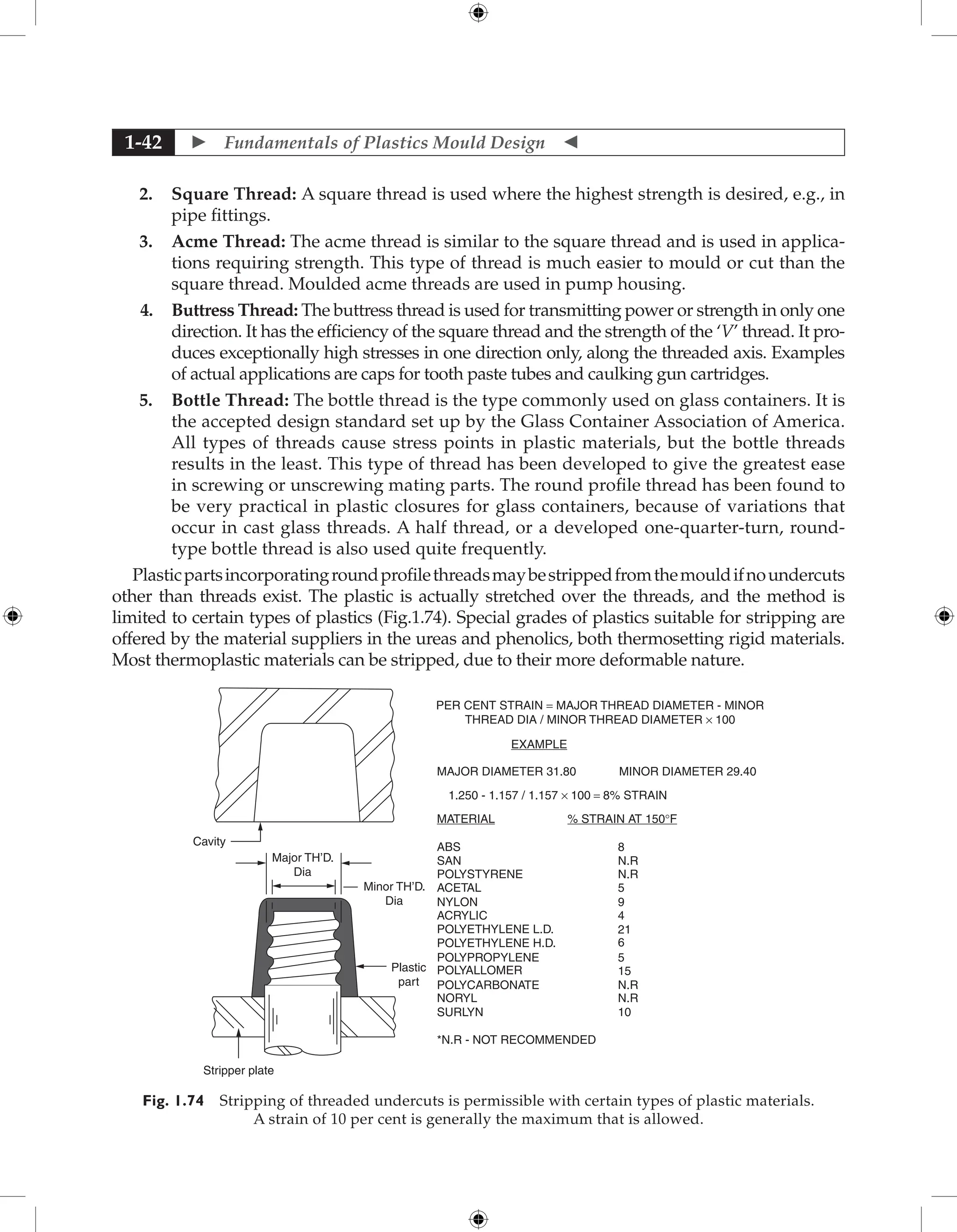  Fundamentals of Plastics Mould Design 
1-42
2. Square Thread: A square thread is used where the highest strength is desired, e.g., in
pipe fittings.
3. Acme Thread: The acme thread is similar to the square thread and is used in applica-
tions requiring strength. This type of thread is much easier to mould or cut than the
square thread. Moulded acme threads are used in pump housing.
4. Buttress Thread: The buttress thread is used for transmitting power or strength in only one
direction. It has the efficiency of the square thread and the strength of the ‘V’ thread. It pro-
duces exceptionally high stresses in one direction only, along the threaded axis. Examples
of actual applications are caps for tooth paste tubes and caulking gun cartridges.
5. Bottle Thread: The bottle thread is the type commonly used on glass containers. It is
the accepted design standard set up by the Glass Container Association of America.
All types of threads cause stress points in plastic materials, but the bottle threads
results in the least. This type of thread has been developed to give the greatest ease
in screwing or unscrewing mating parts. The round profile thread has been found to
be very practical in plastic closures for glass containers, because of variations that
occur in cast glass threads. A half thread, or a developed one-quarter-turn, round-
type bottle thread is also used quite frequently.
Plasticpartsincorporatingroundprofilethreadsmaybestrippedfromthemouldifnoundercuts
other than threads exist. The plastic is actually stretched over the threads, and the method is
limited to certain types of plastics (Fig.1.74). Special grades of plastics suitable for stripping are
offered by the material suppliers in the ureas and phenolics, both thermosetting rigid materials.
Most thermoplastic materials can be stripped, due to their more deformable nature.
PER CENT STRAIN = MAJOR THREAD DIAMETER - MINOR
THREAD DIA / MINOR THREAD DIAMETER × 100
EXAMPLE
MATERIAL % STRAIN AT 150°F
MAJOR DIAMETER 31.80
ABS 8
5
9
4
21
6
5
15
10
N.R
N.R
N.R
N.R
Minor TH’D.
Dia
Major TH’D.
Dia
Plastic
part
Cavity
Stripper plate
SAN
POLYSTYRENE
ACETAL
NYLON
ACRYLIC
POLYETHYLENE L.D.
POLYETHYLENE H.D.
POLYPROPYLENE
POLYALLOMER
POLYCARBONATE
NORYL
SURLYN
*N.R - NOT RECOMMENDED
1.250 - 1.157 / 1.157 × 100 = 8% STRAIN
MINOR DIAMETER 29.40
Fig. 1.74 Stripping of threaded undercuts is permissible with certain types of plastic materials.
A strain of 10 per cent is generally the maximum that is allowed.
 