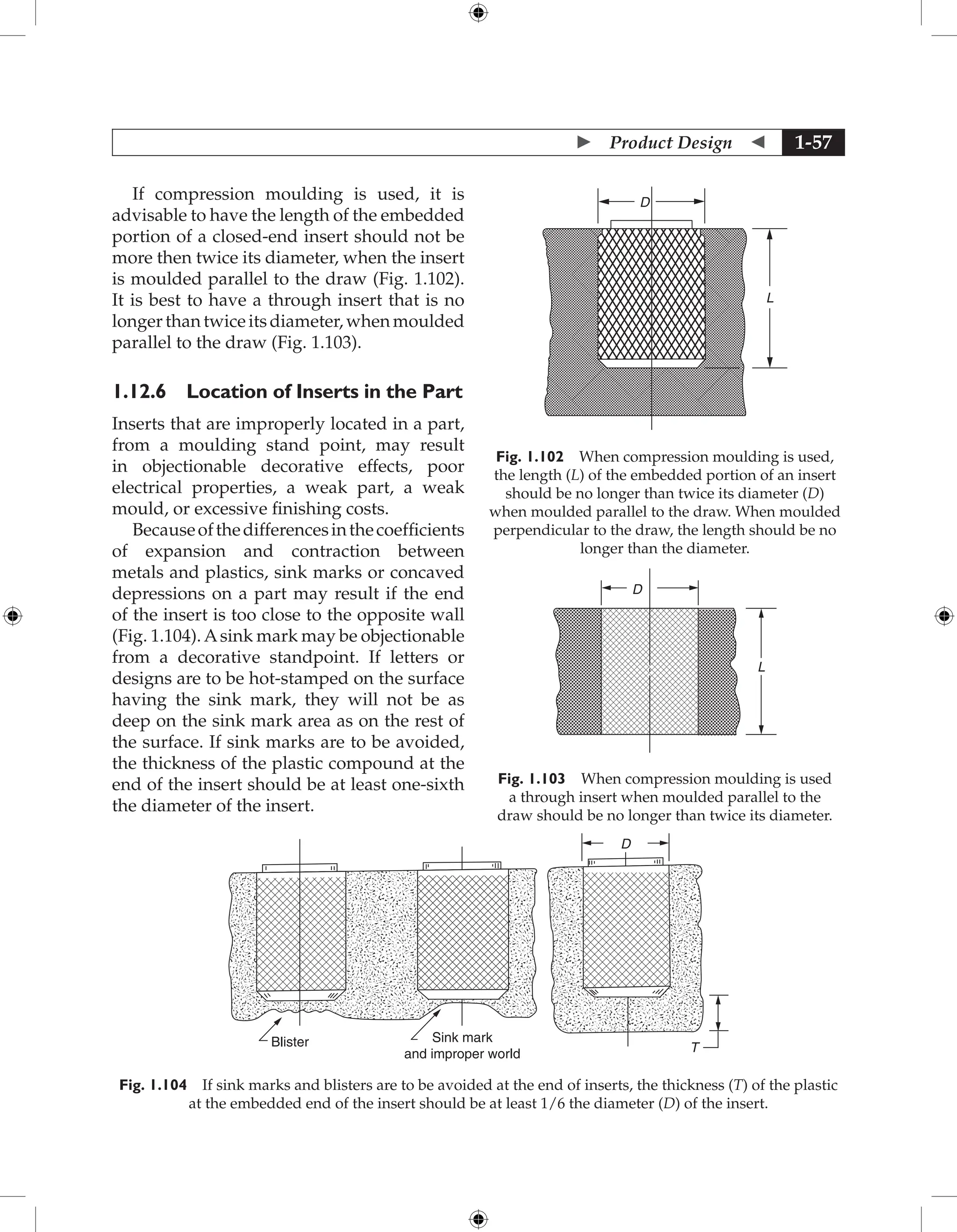  Product Design  1-57
If compression moulding is used, it is
advisable to have the length of the embedded
portion of a closed-end insert should not be
more then twice its diameter, when the insert
is moulded parallel to the draw (Fig. 1.102).
It is best to have a through insert that is no
longerthantwiceitsdiameter,whenmoulded
parallel to the draw (Fig. 1.103).
1.12.6 Location of Inserts in the Part
Inserts that are improperly located in a part,
from a moulding stand point, may result
in objectionable decorative effects, poor
electrical properties, a weak part, a weak
mould, or excessive finishing costs.
Becauseofthedifferencesinthecoefficients
of expansion and contraction between
metals and plastics, sink marks or concaved
depressions on a part may result if the end
of the insert is too close to the opposite wall
(Fig. 1.104).Asink mark may be objectionable
from a decorative standpoint. If letters or
designs are to be hot-stamped on the surface
having the sink mark, they will not be as
deep on the sink mark area as on the rest of
the surface. If sink marks are to be avoided,
the thickness of the plastic compound at the
end of the insert should be at least one-sixth
the diameter of the insert.
Blister Sink mark
and improper world T
D
Fig. 1.104 If sink marks and blisters are to be avoided at the end of inserts, the thickness (T) of the plastic
at the embedded end of the insert should be at least 1/6 the diameter (D) of the insert.
D
L
Fig. 1.102 When compression moulding is used,
the length (L) of the embedded portion of an insert
should be no longer than twice its diameter (D)
when moulded parallel to the draw. When moulded
perpendicular to the draw, the length should be no
longer than the diameter.
D
L
Fig. 1.103 When compression moulding is used
a through insert when moulded parallel to the
draw should be no longer than twice its diameter.
 