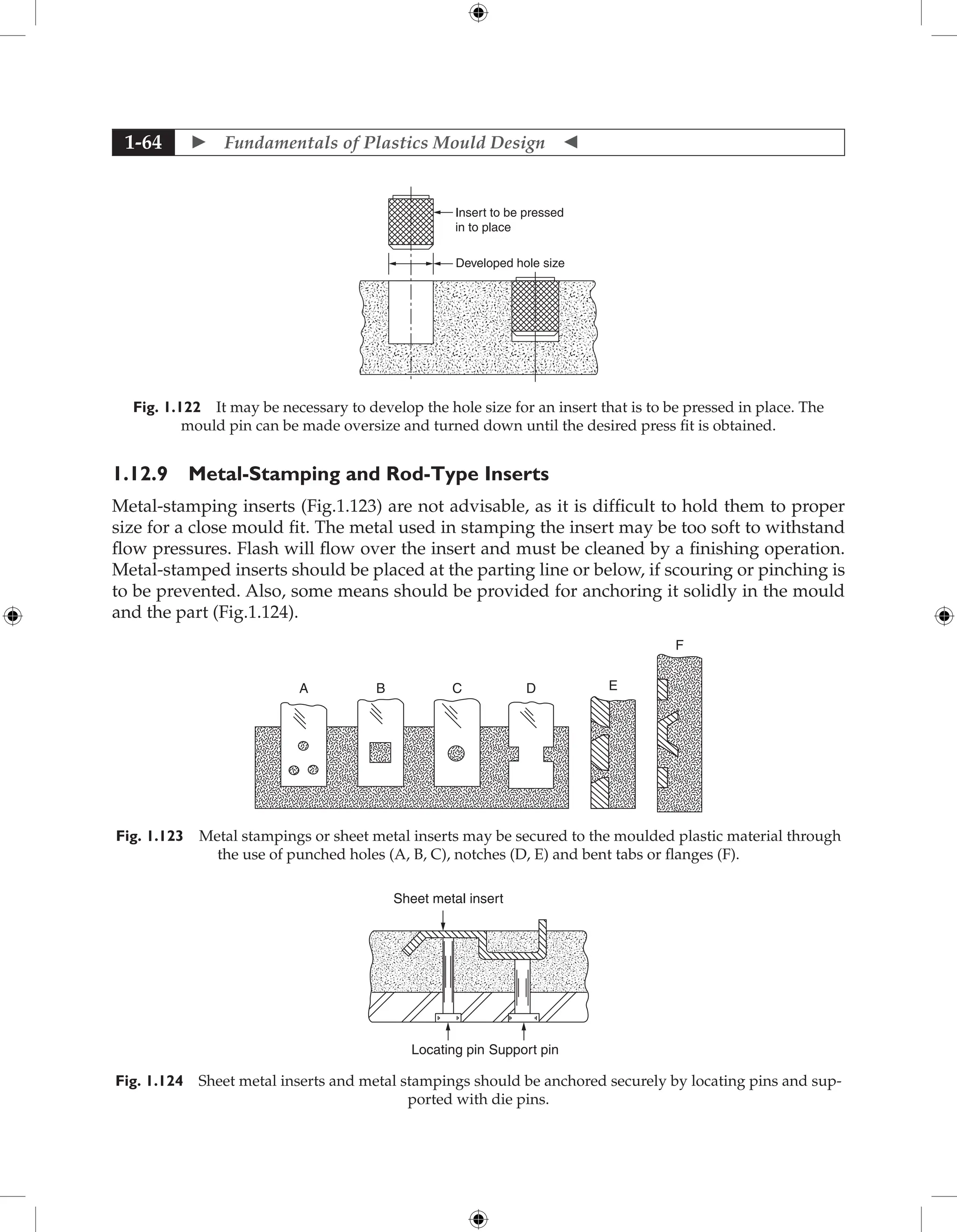  Fundamentals of Plastics Mould Design 
1-64
Insert to be pressed
in to place
Developed hole size
Fig. 1.122 It may be necessary to develop the hole size for an insert that is to be pressed in place. The
mould pin can be made oversize and turned down until the desired press fit is obtained.
1.12.9 Metal-Stamping and Rod-Type Inserts
Metal-stamping inserts (Fig.1.123) are not advisable, as it is difficult to hold them to proper
size for a close mould fit. The metal used in stamping the insert may be too soft to withstand
flow pressures. Flash will flow over the insert and must be cleaned by a finishing operation.
Metal-stamped inserts should be placed at the parting line or below, if scouring or pinching is
to be prevented. Also, some means should be provided for anchoring it solidly in the mould
and the part (Fig.1.124).
A B C D E
F
Fig. 1.123 Metal stampings or sheet metal inserts may be secured to the moulded plastic material through
the use of punched holes (A, B, C), notches (D, E) and bent tabs or flanges (F).
Locating pin Support pin
Sheet metal insert
Fig. 1.124 Sheet metal inserts and metal stampings should be anchored securely by locating pins and sup-
ported with die pins.
 