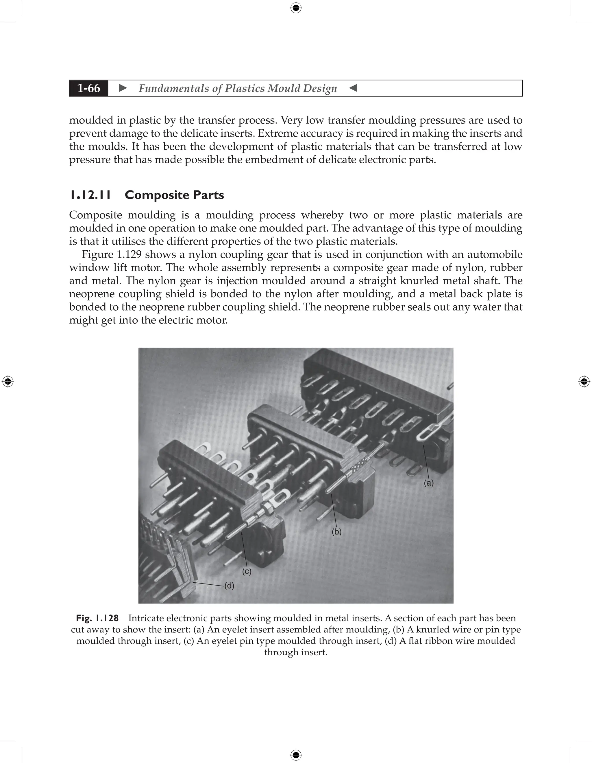 Fundamentals of Plastics Mould Design 
1-66
moulded in plastic by the transfer process. Very low transfer moulding pressures are used to
prevent damage to the delicate inserts. Extreme accuracy is required in making the inserts and
the moulds. It has been the development of plastic materials that can be transferred at low
pressure that has made possible the embedment of delicate electronic parts.
1.12.11 Composite Parts
Composite moulding is a moulding process whereby two or more plastic materials are
moulded in one operation to make one moulded part. The advantage of this type of moulding
is that it utilises the different properties of the two plastic materials.
Figure 1.129 shows a nylon coupling gear that is used in conjunction with an automobile
window lift motor. The whole assembly represents a composite gear made of nylon, rubber
and metal. The nylon gear is injection moulded around a straight knurled metal shaft. The
neoprene coupling shield is bonded to the nylon after moulding, and a metal back plate is
bonded to the neoprene rubber coupling shield. The neoprene rubber seals out any water that
might get into the electric motor.
(a)
(b)
(c)
(d)
Fig. 1.128 Intricate electronic parts showing moulded in metal inserts. A section of each part has been
cut away to show the insert: (a) An eyelet insert assembled after moulding, (b) A knurled wire or pin type
moulded through insert, (c) An eyelet pin type moulded through insert, (d) A flat ribbon wire moulded
through insert.
 