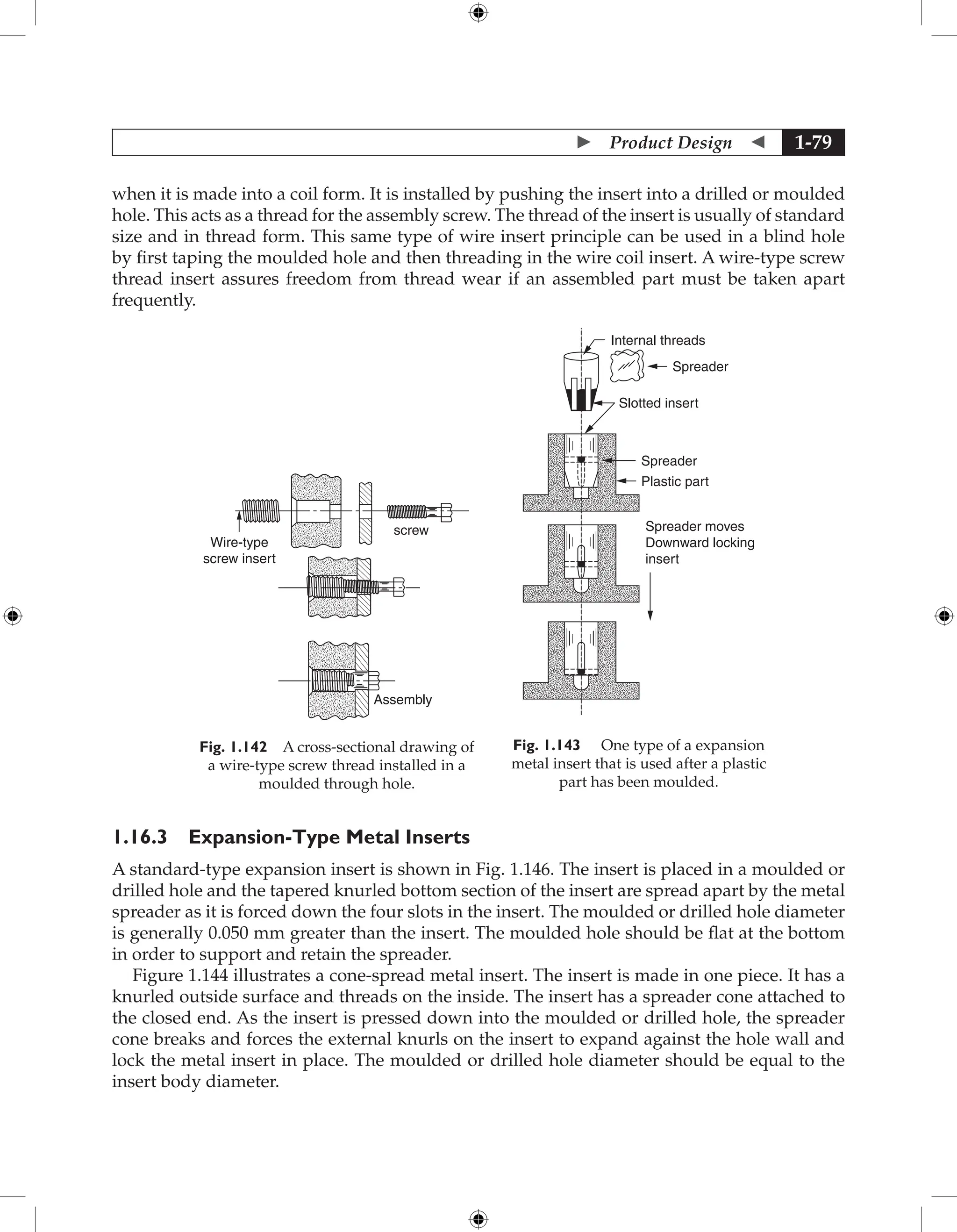  Product Design  1-79
when it is made into a coil form. It is installed by pushing the insert into a drilled or moulded
hole. This acts as a thread for the assembly screw. The thread of the insert is usually of standard
size and in thread form. This same type of wire insert principle can be used in a blind hole
by first taping the moulded hole and then threading in the wire coil insert. A wire-type screw
thread insert assures freedom from thread wear if an assembled part must be taken apart
frequently.
Wire-type
screw insert
screw
Assembly
Fig. 1.142 A cross-sectional drawing of
a wire-type screw thread installed in a
moulded through hole.
Internal threads
Spreader
Slotted insert
Spreader
Plastic part
Spreader moves
Downward locking
insert
Fig. 1.143 One type of a expansion
metal insert that is used after a plastic
part has been moulded.
1.16.3 Expansion-Type Metal Inserts
A standard-type expansion insert is shown in Fig. 1.146. The insert is placed in a moulded or
drilled hole and the tapered knurled bottom section of the insert are spread apart by the metal
spreader as it is forced down the four slots in the insert. The moulded or drilled hole diameter
is generally 0.050 mm greater than the insert. The moulded hole should be flat at the bottom
in order to support and retain the spreader.
Figure 1.144 illustrates a cone-spread metal insert. The insert is made in one piece. It has a
knurled outside surface and threads on the inside. The insert has a spreader cone attached to
the closed end. As the insert is pressed down into the moulded or drilled hole, the spreader
cone breaks and forces the external knurls on the insert to expand against the hole wall and
lock the metal insert in place. The moulded or drilled hole diameter should be equal to the
insert body diameter.
 