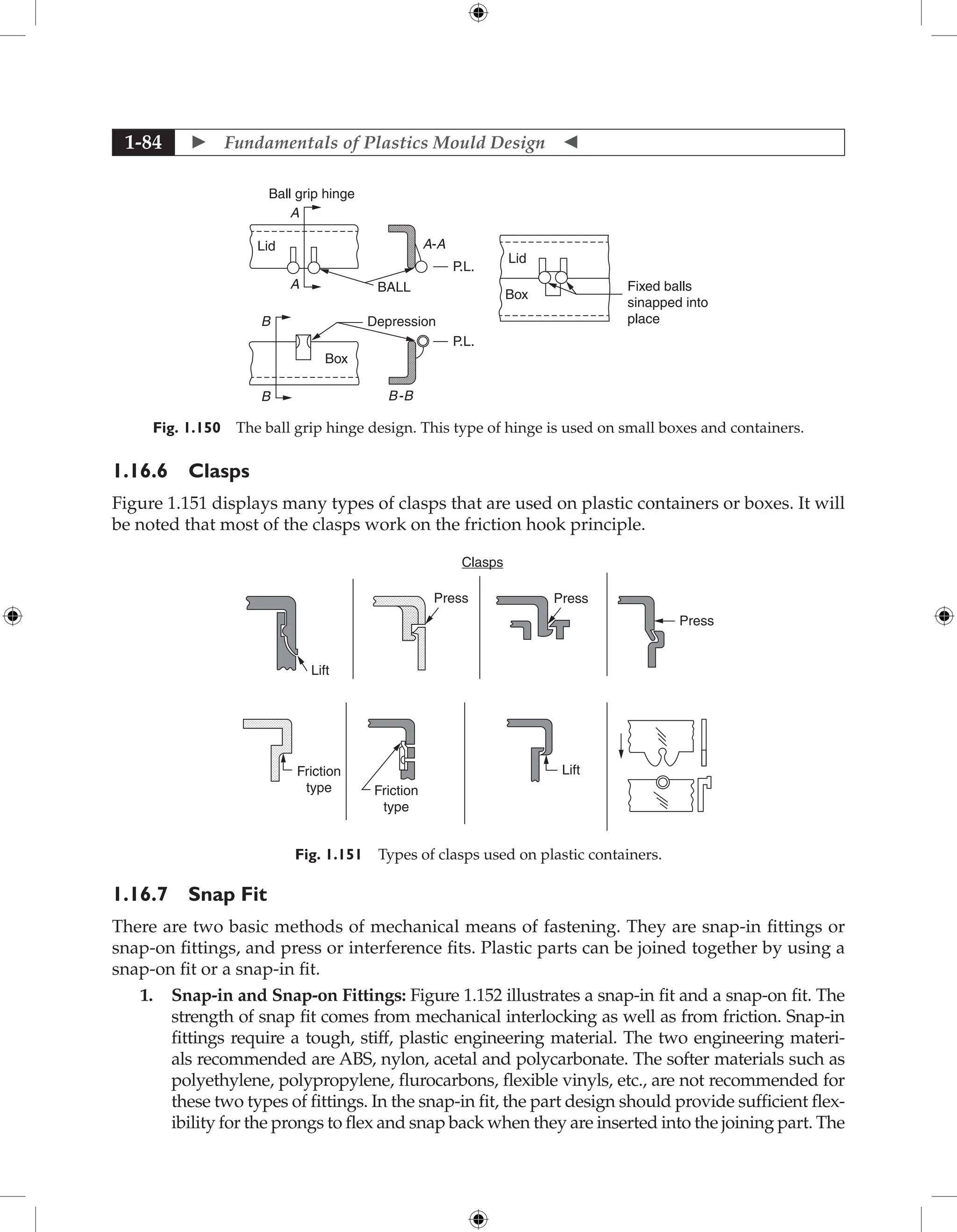  Fundamentals of Plastics Mould Design 
1-84
Ball grip hinge
P.L.
P.L.
Depression
BALL
Lid
Lid
Box
Fixed balls
sinapped into
place
A
B
B
Box
A-A
B-B
A
Fig. 1.150 The ball grip hinge design. This type of hinge is used on small boxes and containers.
1.16.6 Clasps
Figure 1.151 displays many types of clasps that are used on plastic containers or boxes. It will
be noted that most of the clasps work on the friction hook principle.
Clasps
Press
Press
Lift
Friction
type Friction
type
Press
Lift
Fig. 1.151 Types of clasps used on plastic containers.
1.16.7 Snap Fit
There are two basic methods of mechanical means of fastening. They are snap-in fittings or
snap-on fittings, and press or interference fits. Plastic parts can be joined together by using a
snap-on fit or a snap-in fit.
1. Snap-in and Snap-on Fittings: Figure 1.152 illustrates a snap-in fit and a snap-on fit. The
strength of snap fit comes from mechanical interlocking as well as from friction. Snap-in
fittings require a tough, stiff, plastic engineering material. The two ­
engineering materi-
als recommended are ABS, nylon, acetal and polycarbonate. The softer materials such as
polyethylene, polypropylene, flurocarbons, flexible vinyls, etc., are not recommended for
these two types of fittings. In the snap-in fit, the part design should provide sufficient flex-
ibility for the prongs to flex and snap back when they are inserted into the joining part. The
 