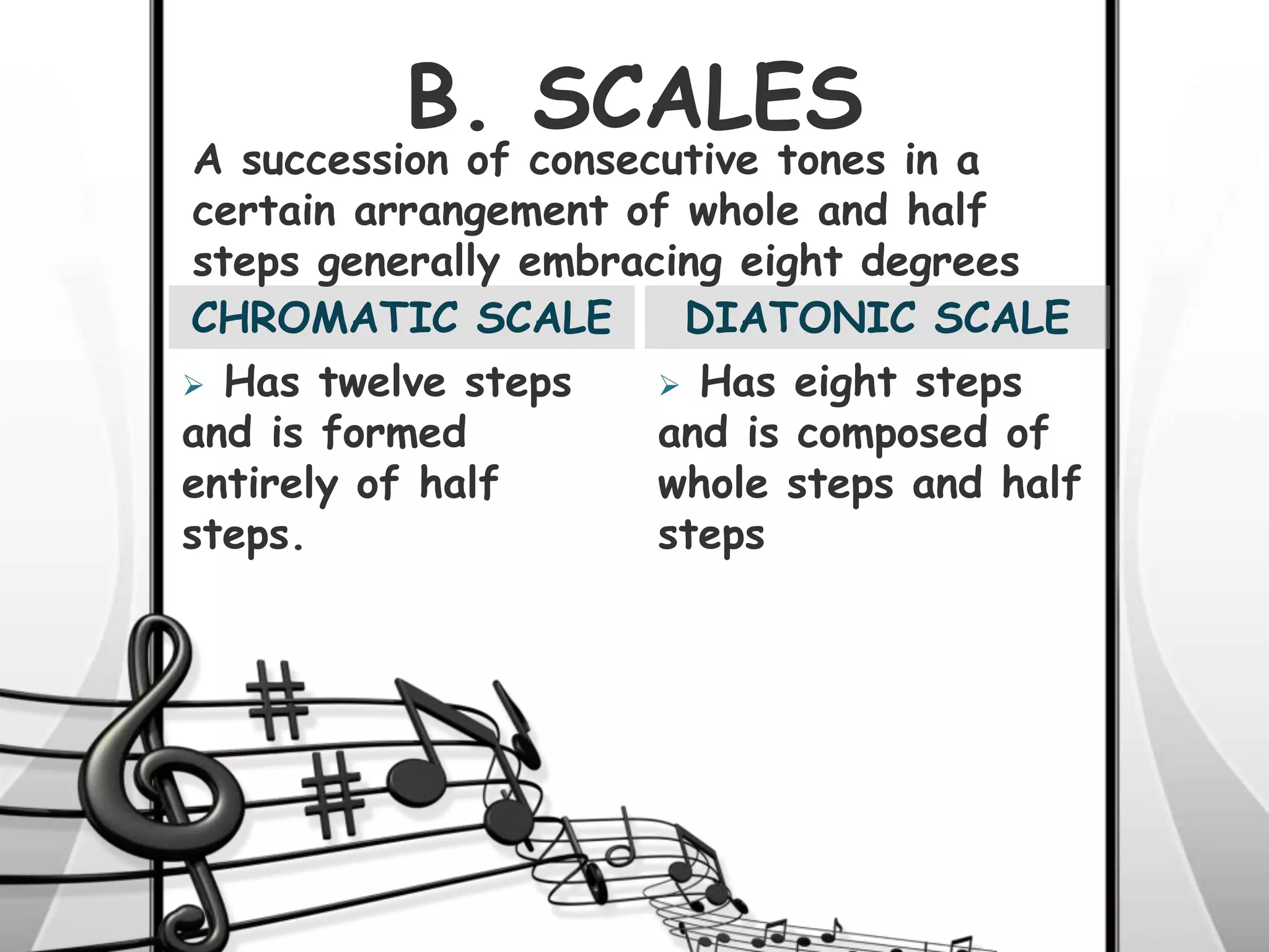 CHROMATIC SCALE
 Has twelve steps
and is formed
entirely of half
steps.
 Has eight steps
and is composed of
whole steps and half
steps
DIATONIC SCALE
B. SCALES
A succession of consecutive tones in a
certain arrangement of whole and half
steps generally embracing eight degrees
 