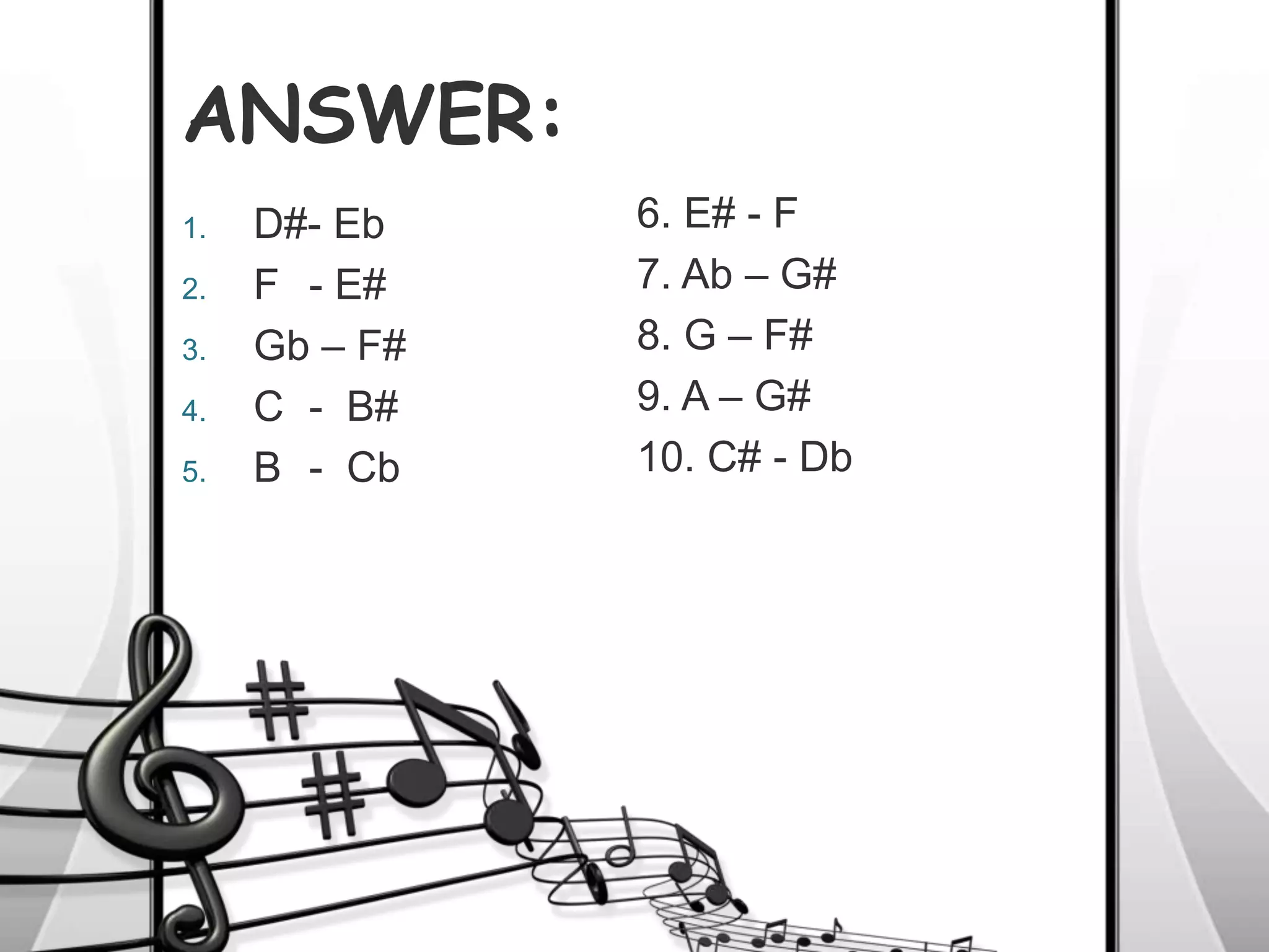 1. D#- Eb
2. F - E#
3. Gb – F#
4. C - B#
5. B - Cb
6. E# - F
7. Ab – G#
8. G – F#
9. A – G#
10. C# - Db
ANSWER:
 