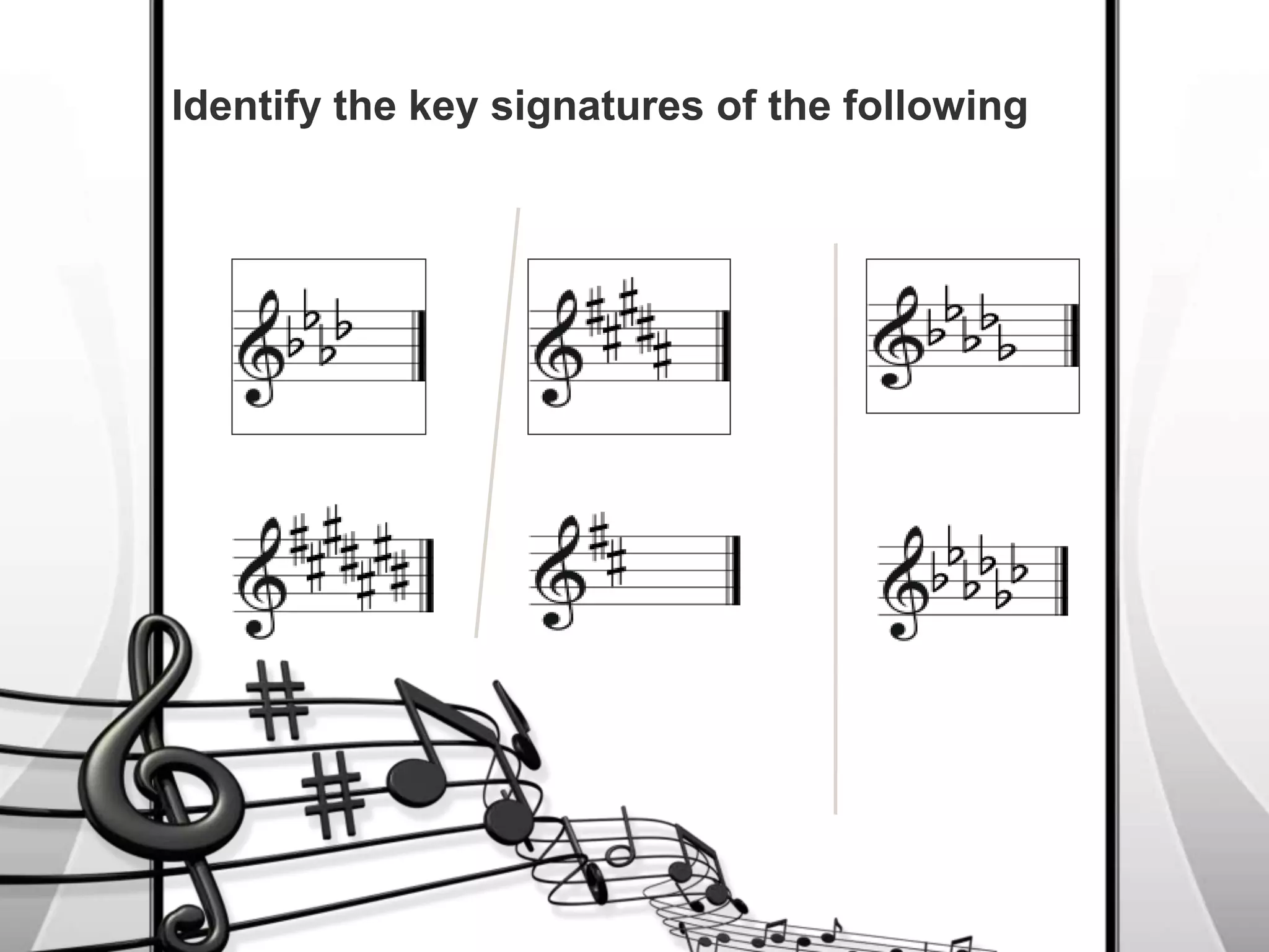 Identify the key signatures of the following
 