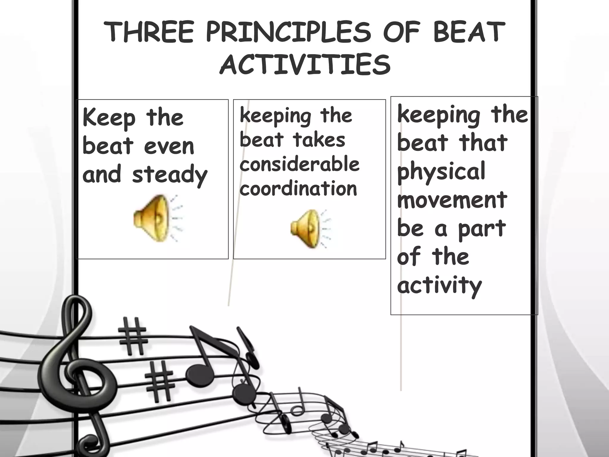 THREE PRINCIPLES OF BEAT
ACTIVITIES
Keep the
beat even
and steady
keeping the
beat takes
considerable
coordination
keeping the
beat that
physical
movement
be a part
of the
activity
 