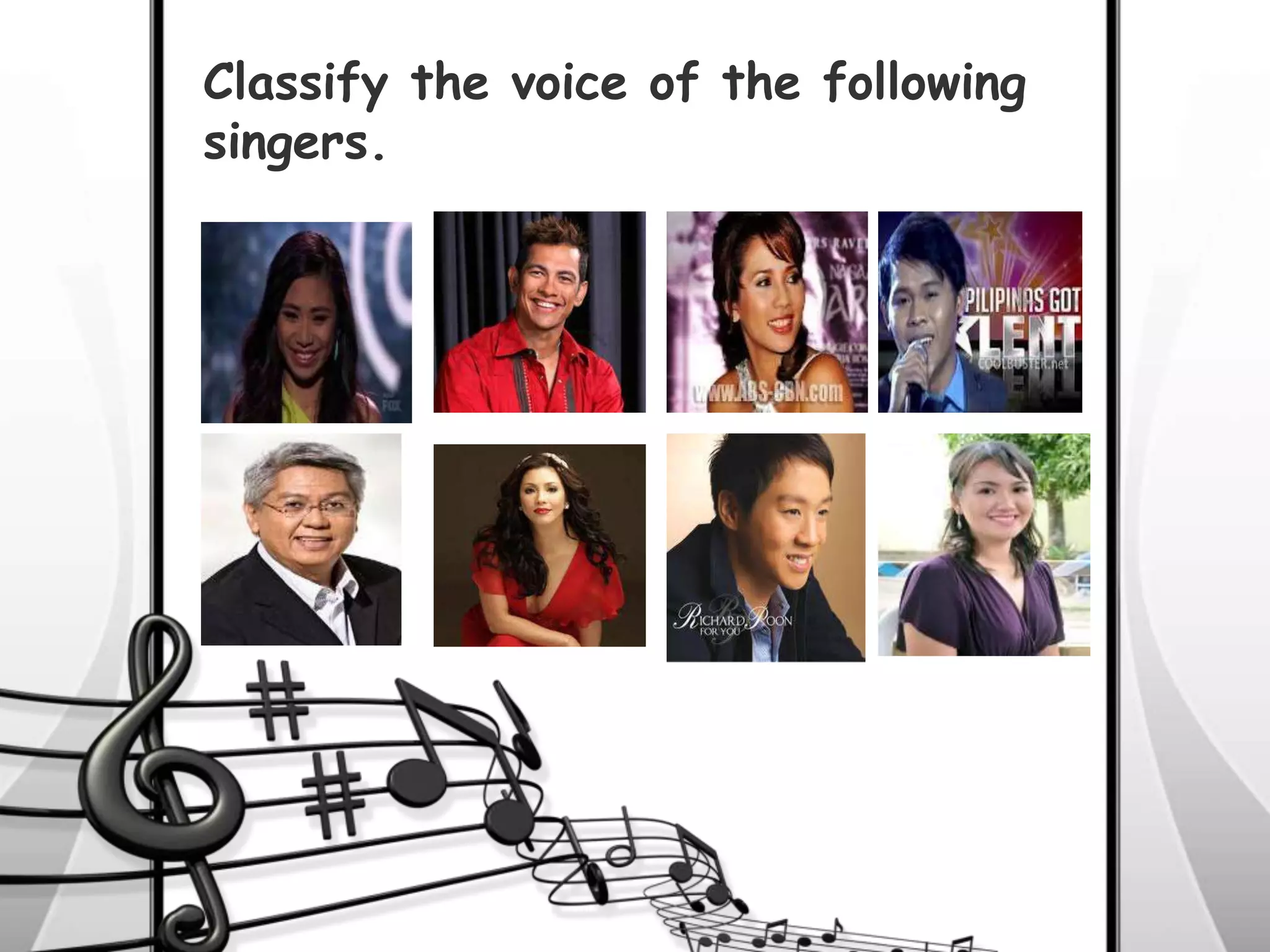 Classify the voice of the following
singers.
 