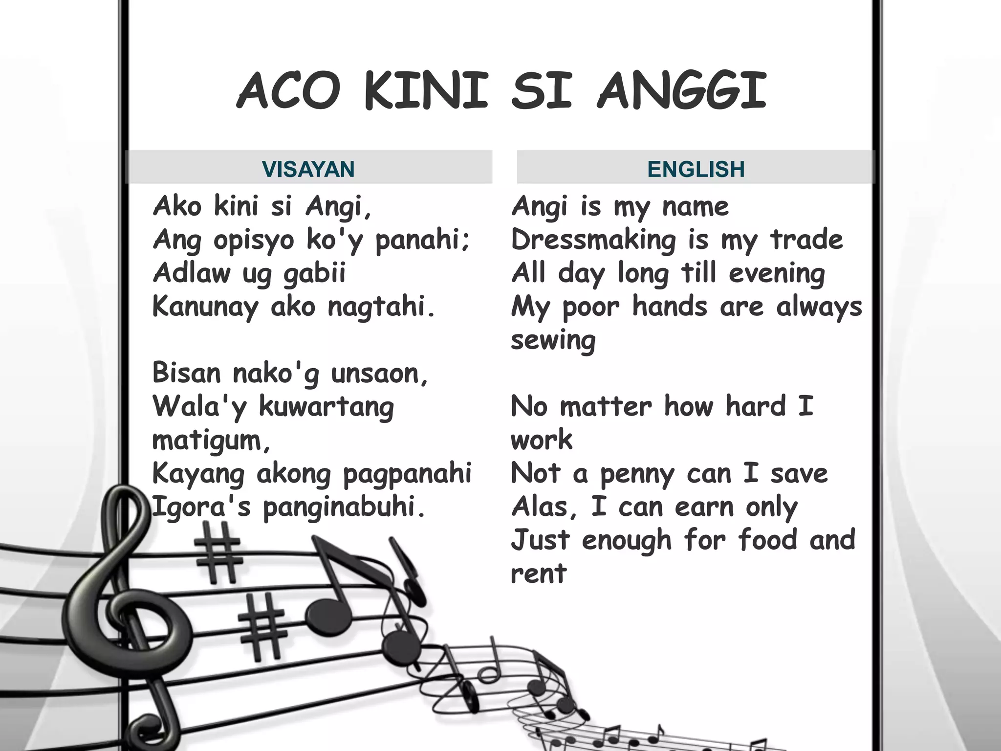 VISAYAN
Ako kini si Angi,
Ang opisyo ko'y panahi;
Adlaw ug gabii
Kanunay ako nagtahi.
Bisan nako'g unsaon,
Wala'y kuwartang
matigum,
Kayang akong pagpanahi
Igora's panginabuhi.
Angi is my name
Dressmaking is my trade
All day long till evening
My poor hands are always
sewing
No matter how hard I
work
Not a penny can I save
Alas, I can earn only
Just enough for food and
rent
ENGLISH
ACO KINI SI ANGGI
 
