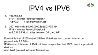 IPV4 vs IPV6
1. 198.162.1.1
IPV4 - Internet Protocol Version 4
A:B:C:D It lies between 0-255
2. 2001:0db8:85a3:0000:0000:8a2e:0370:7334
IPV6 - Internet Protocol Version 6
A:B:C:D:E:F:G:H It lies between 0-9 , a-f, A-F
Due to this limit of 255 only 4.2 Billion IP Address can connect internet but
population is 7.8 Billion.
IPV6 solved this issue of IPV4 but there is a problem that IPV6 cannot support old
devices.
Also, NAT (Network Address Translation)
 