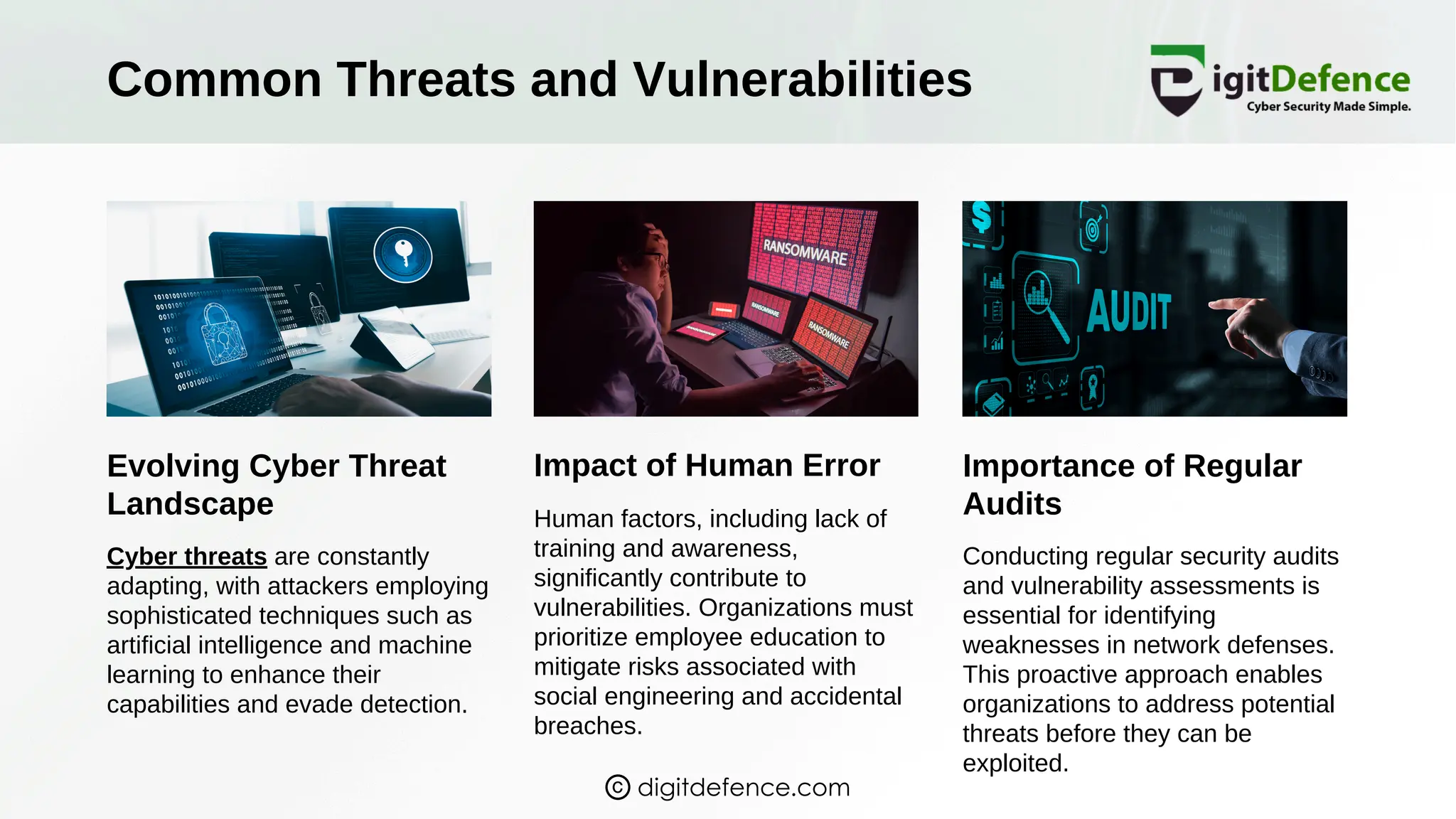 Common Threats and Vulnerabilities
Evolving Cyber Threat
Landscape
Impact of Human Error Importance of Regular
Audits
Cyber threats are constantly
adapting, with attackers employing
sophisticated techniques such as
artificial intelligence and machine
learning to enhance their
capabilities and evade detection.
Human factors, including lack of
training and awareness,
significantly contribute to
vulnerabilities. Organizations must
prioritize employee education to
mitigate risks associated with
social engineering and accidental
breaches.
Conducting regular security audits
and vulnerability assessments is
essential for identifying
weaknesses in network defenses.
This proactive approach enables
organizations to address potential
threats before they can be
exploited.
digitdefence.com
 