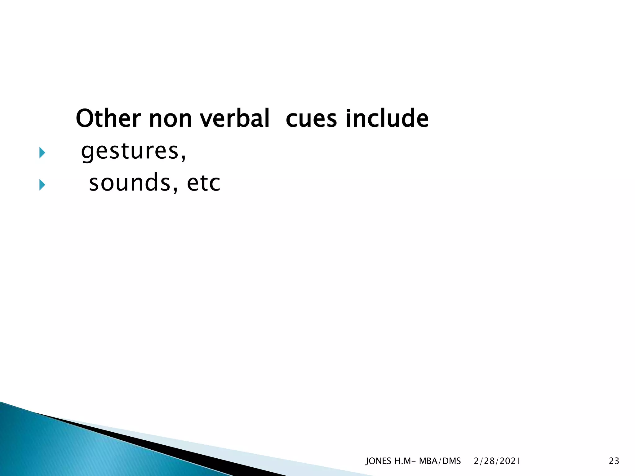 Other non verbal cues include
 gestures,
 sounds, etc
2/28/2021
JONES H.M- MBA/DMS 23
 