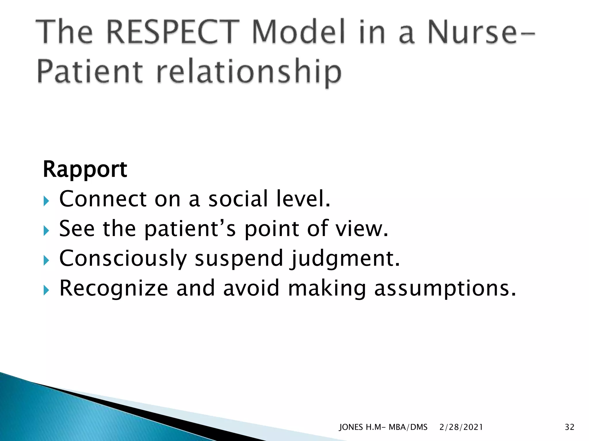 Rapport
 Connect on a social level.
 See the patient’s point of view.
 Consciously suspend judgment.
 Recognize and avoid making assumptions.
2/28/2021
JONES H.M- MBA/DMS 32
 