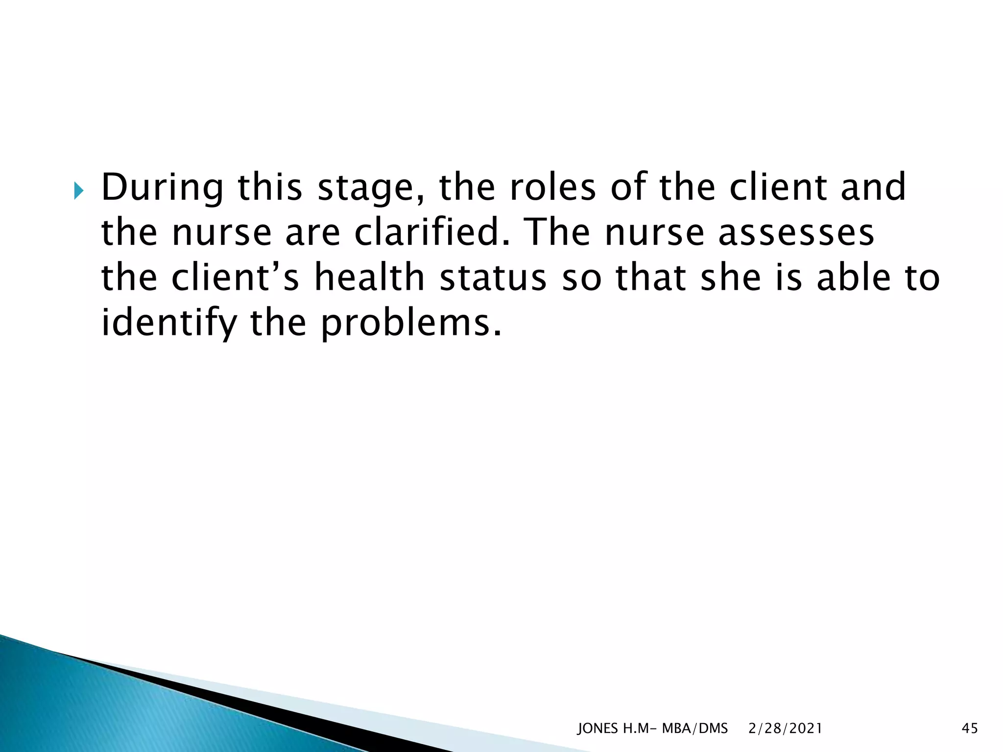  During this stage, the roles of the client and
the nurse are clarified. The nurse assesses
the client’s health status so that she is able to
identify the problems.
2/28/2021
JONES H.M- MBA/DMS 45
 