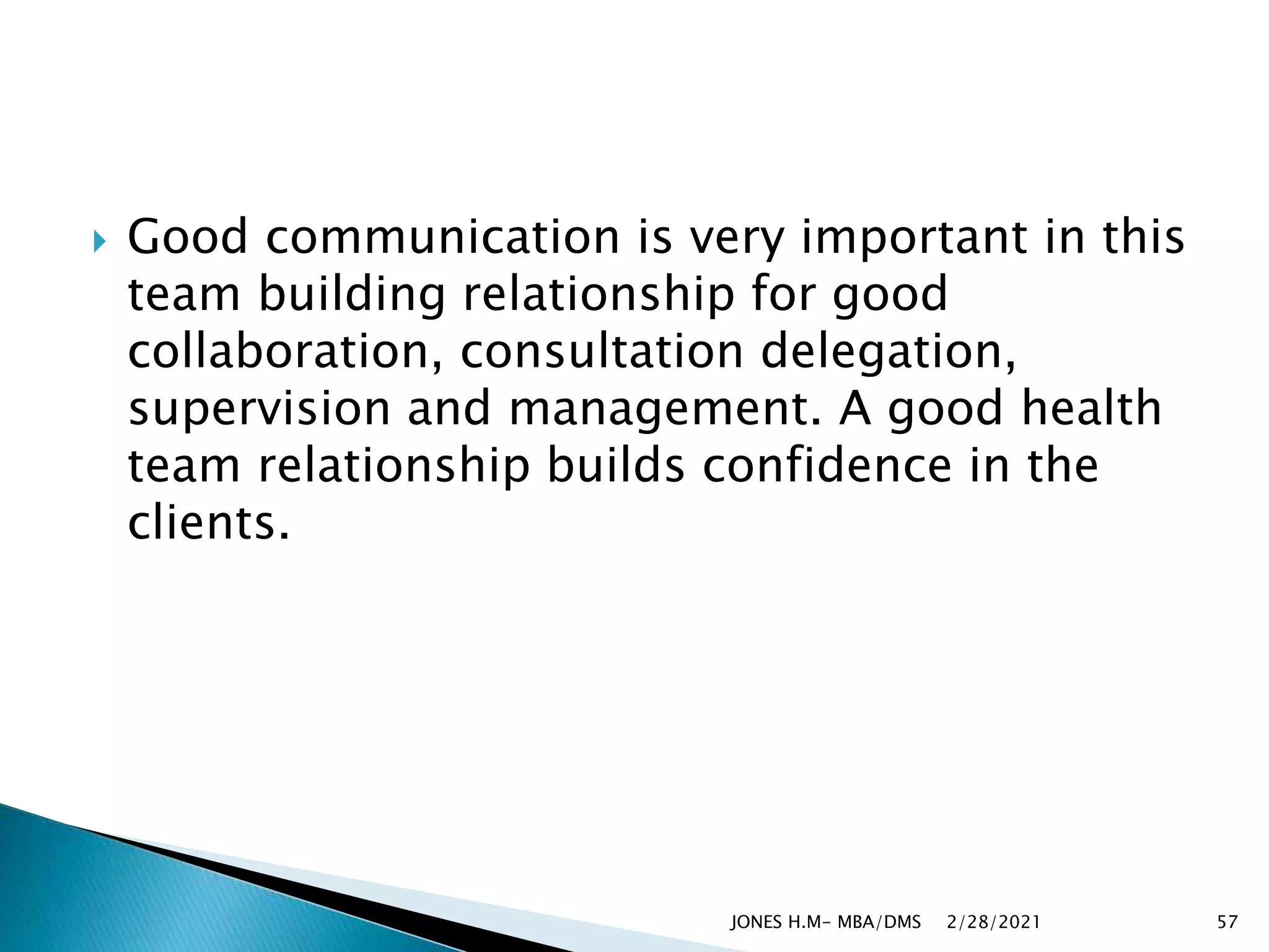  Good communication is very important in this
team building relationship for good
collaboration, consultation delegation,
supervision and management. A good health
team relationship builds confidence in the
clients.
2/28/2021
JONES H.M- MBA/DMS 57
 