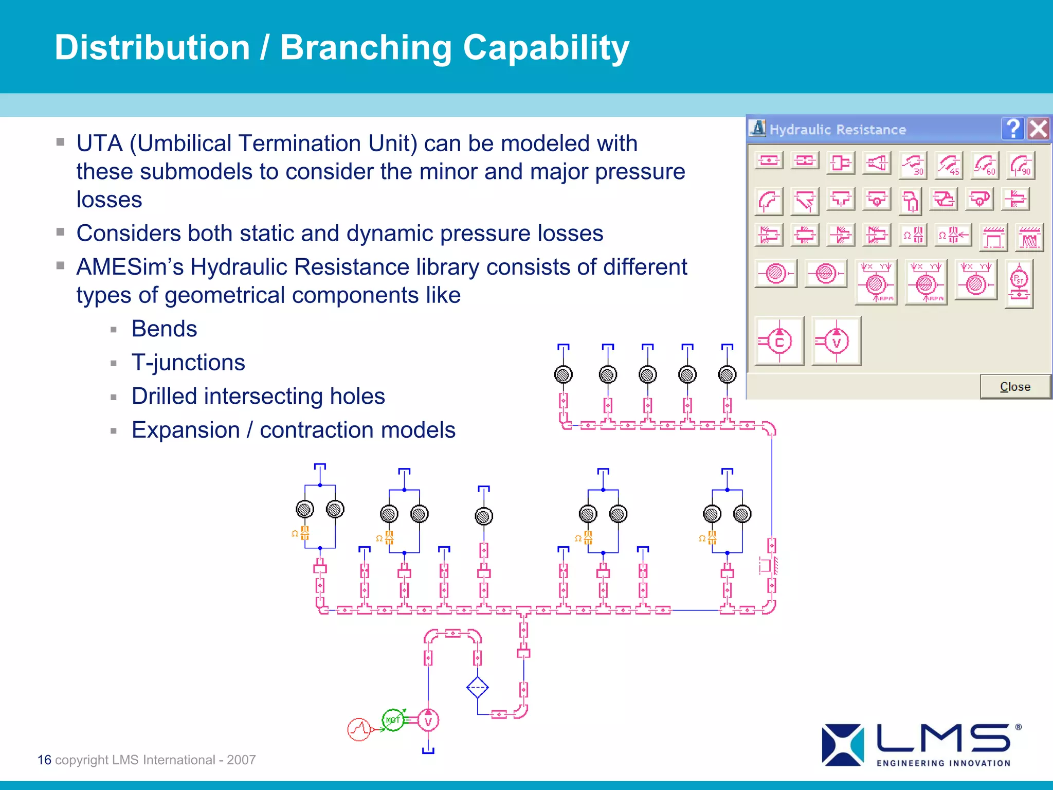 Distribution / Branching Capability

   UTA (Umbilical Termination Unit) can be modeled with
    these submodels to consider the minor and major pressure
    losses
   Considers both static and dynamic pressure losses
   AMESim’s Hydraulic Resistance library consists of different
    types of geometrical components like
        Bends
        T-junctions
        Drilled intersecting holes
        Expansion / contraction models




16 copyright LMS International - 2007
 