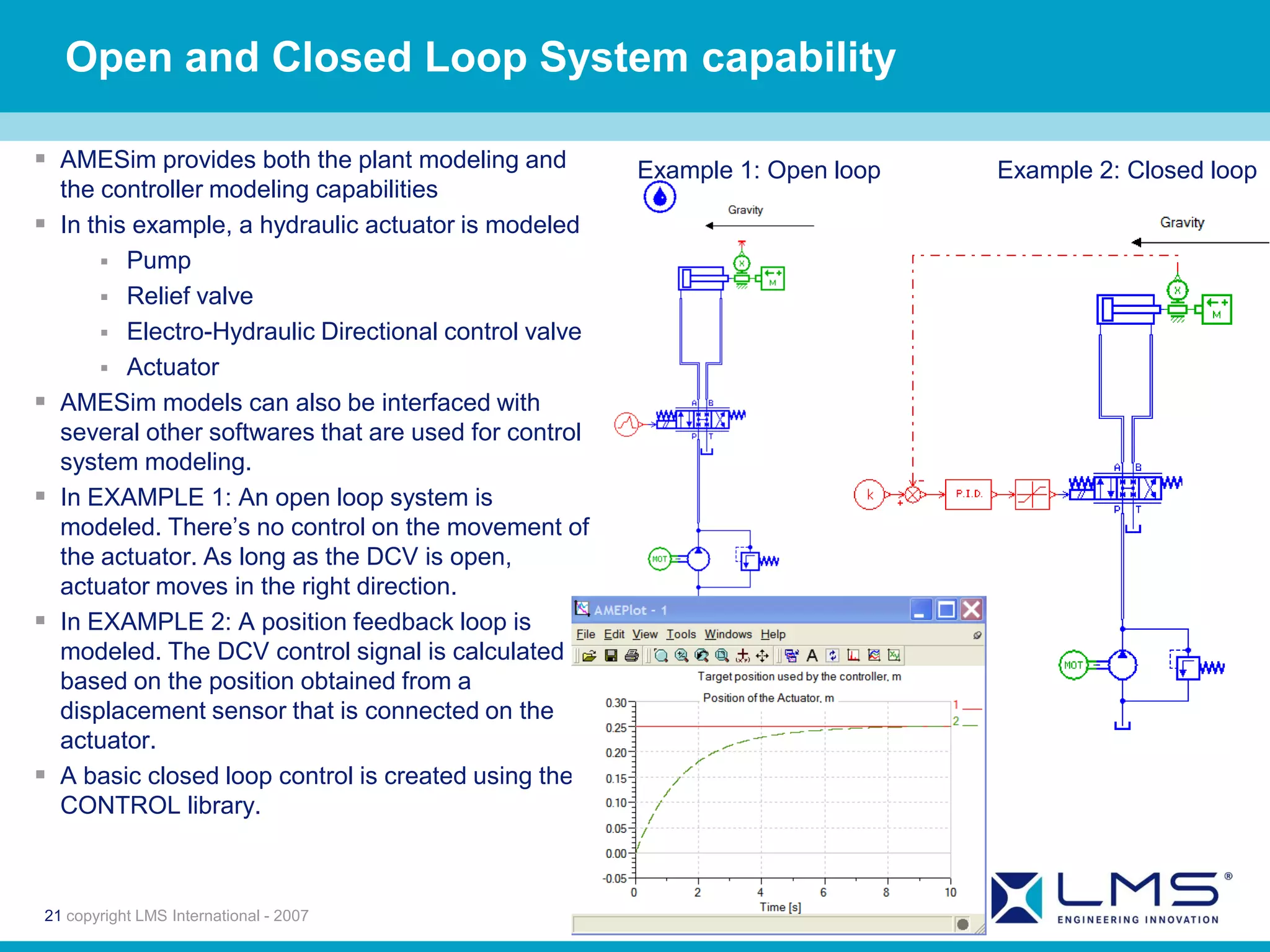 Open and Closed Loop System capability

 AMESim provides both the plant modeling and           Example 1: Open loop   Example 2: Closed loop
    the controller modeling capabilities
   In this example, a hydraulic actuator is modeled
         Pump
         Relief valve
         Electro-Hydraulic Directional control valve
         Actuator
   AMESim models can also be interfaced with
    several other softwares that are used for control
    system modeling.
   In EXAMPLE 1: An open loop system is
    modeled. There’s no control on the movement of
    the actuator. As long as the DCV is open,
    actuator moves in the right direction.
   In EXAMPLE 2: A position feedback loop is
    modeled. The DCV control signal is calculated
    based on the position obtained from a
    displacement sensor that is connected on the
    actuator.
   A basic closed loop control is created using the
    CONTROL library.



21 copyright LMS International - 2007
 