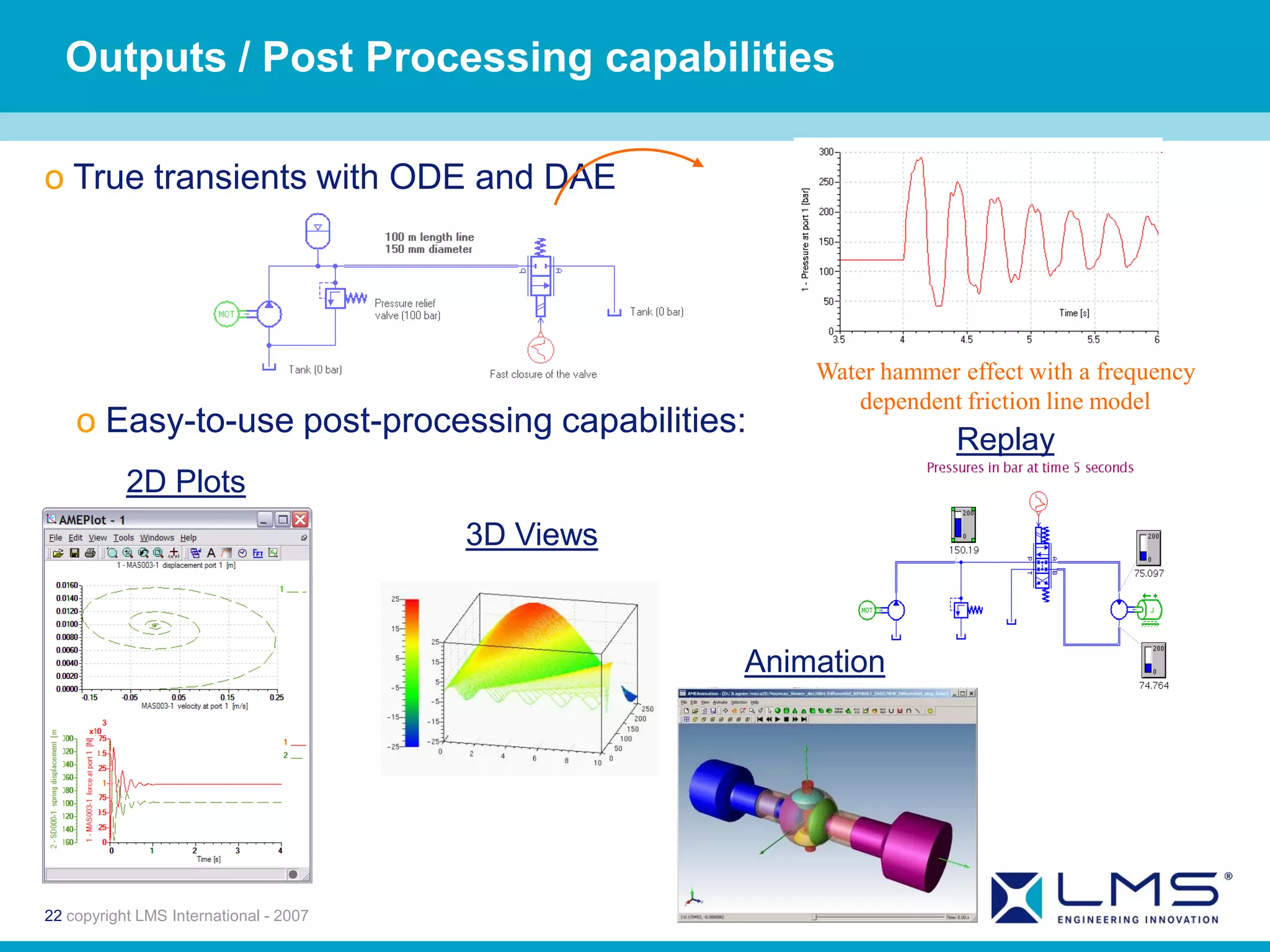 Outputs / Post Processing capabilities

o True transients with ODE and DAE




                                                       Water hammer effect with a frequency
                                                          dependent friction line model
    o Easy-to-use post-processing capabilities:
                                                                    Replay
           2D Plots
                                        3D Views



                                                   Animation




22 copyright LMS International - 2007
 