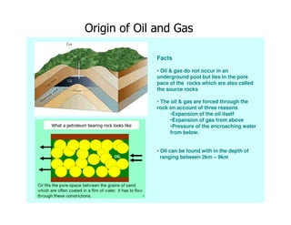 Origin of Oil and Gas 
Facts 
• Oil & gas do not occur in an 
underground pool but lies in the pore 
pace of the rocks whi...
