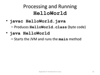 Processing and Running  HelloWorld javac HelloWorld.java Produces  HelloWorld.class  (byte code) java   HelloWorld Starts the JVM and runs the  main  method Appendix A: Introduction to Java 