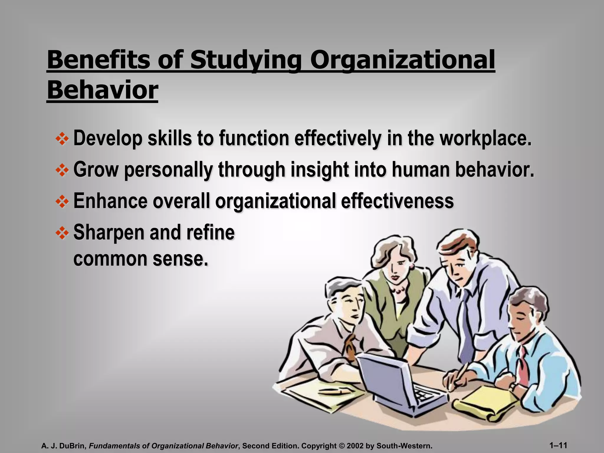 Benefits of Studying Organizational 
Behavior 
 Develop skills to function effectively in the workplace. 
 Grow personally through insight into human behavior. 
Enhance overall organizational effectiveness 
 Sharpen and refine 
common sense. 
A. J. DuBrin, Fundamentals of Organizational Behavior, Second Edition. Copyright © 2002 by South-Western. 1–11 
 