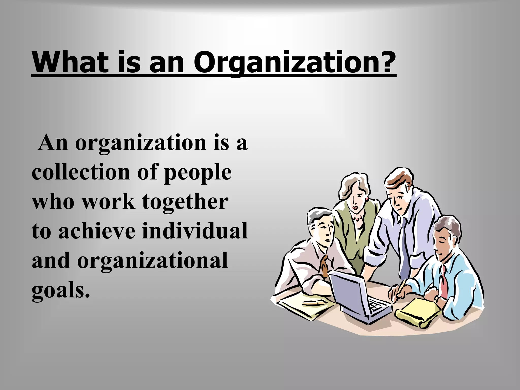 What is an Organization? 
An organization is a 
collection of people 
who work together 
to achieve individual 
and organizational 
goals. 
 