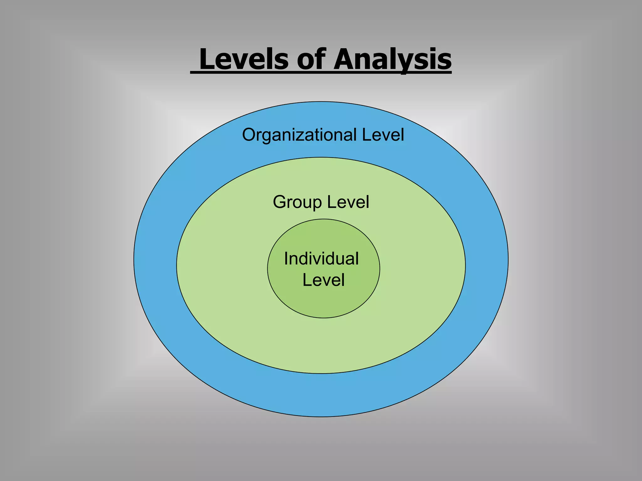 Levels of Analysis 
Organizational Level 
Group Level 
Individual 
Level 
 