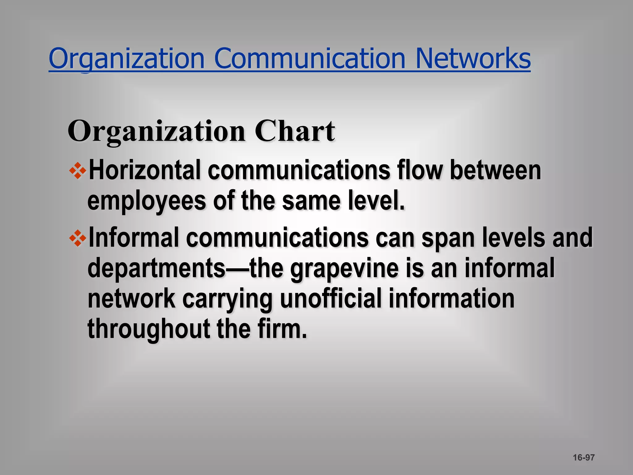 Organization Communication Networks 
Organization Chart 
Horizontal communications flow between 
employees of the same level. 
Informal communications can span levels and 
departments—the grapevine is an informal 
network carrying unofficial information 
throughout the firm. 
16-97 
 