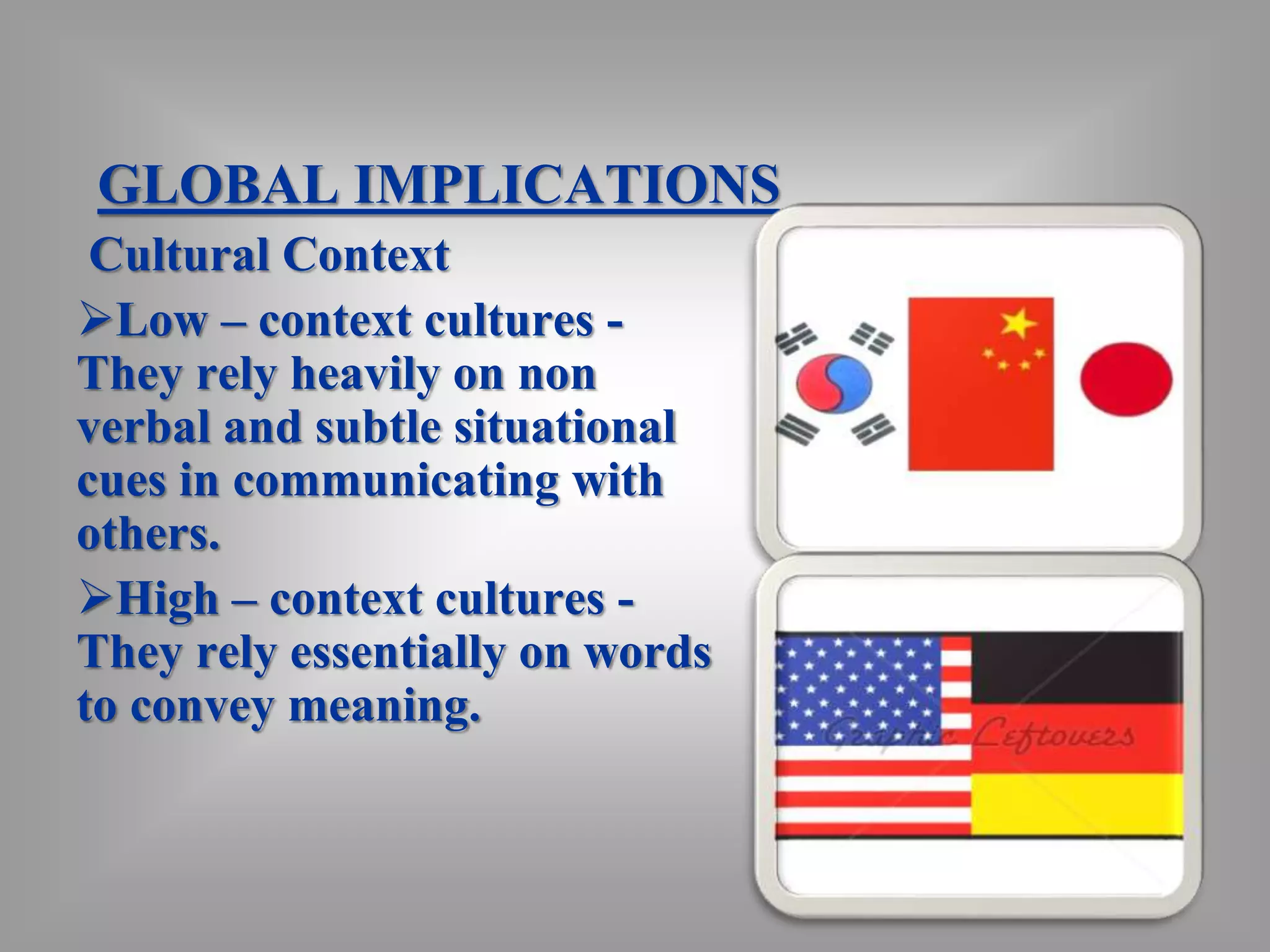 GLOBAL IMPLICATIONS 
Cultural Context 
Low – context cultures - 
They rely heavily on non 
verbal and subtle situational 
cues in communicating with 
others. 
High – context cultures - 
They rely essentially on words 
to convey meaning. 
 