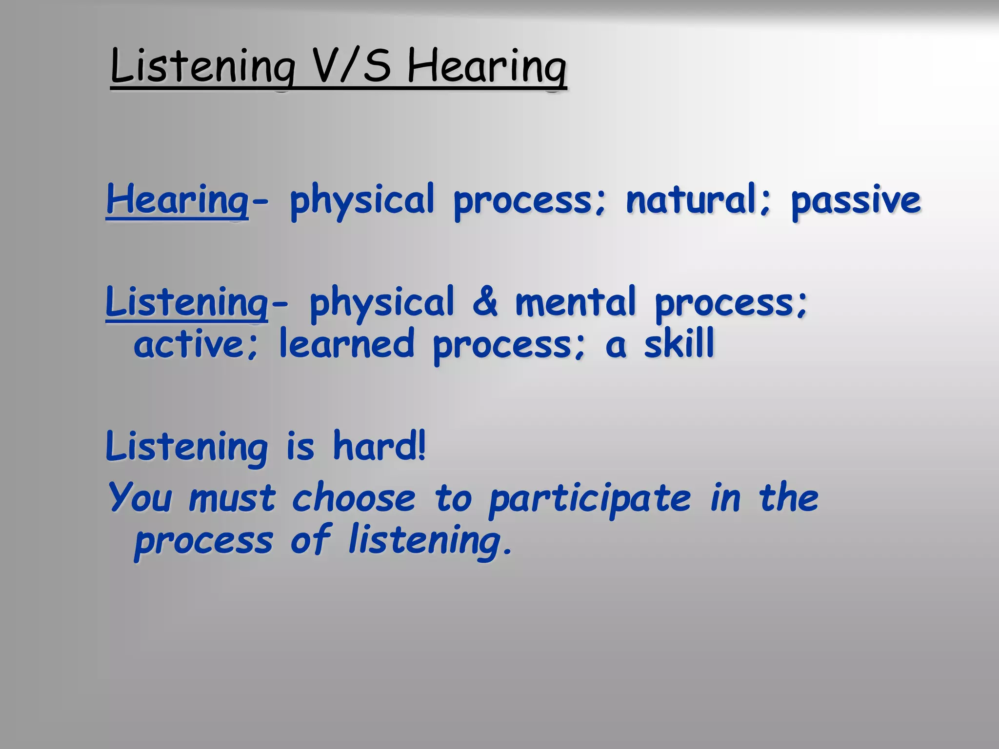 Listening V/S Hearing 
Hearing- physical process; natural; passive 
Listening- physical & mental process; 
active; learned process; a skill 
Listening is hard! 
You must choose to participate in the 
process of listening. 
 