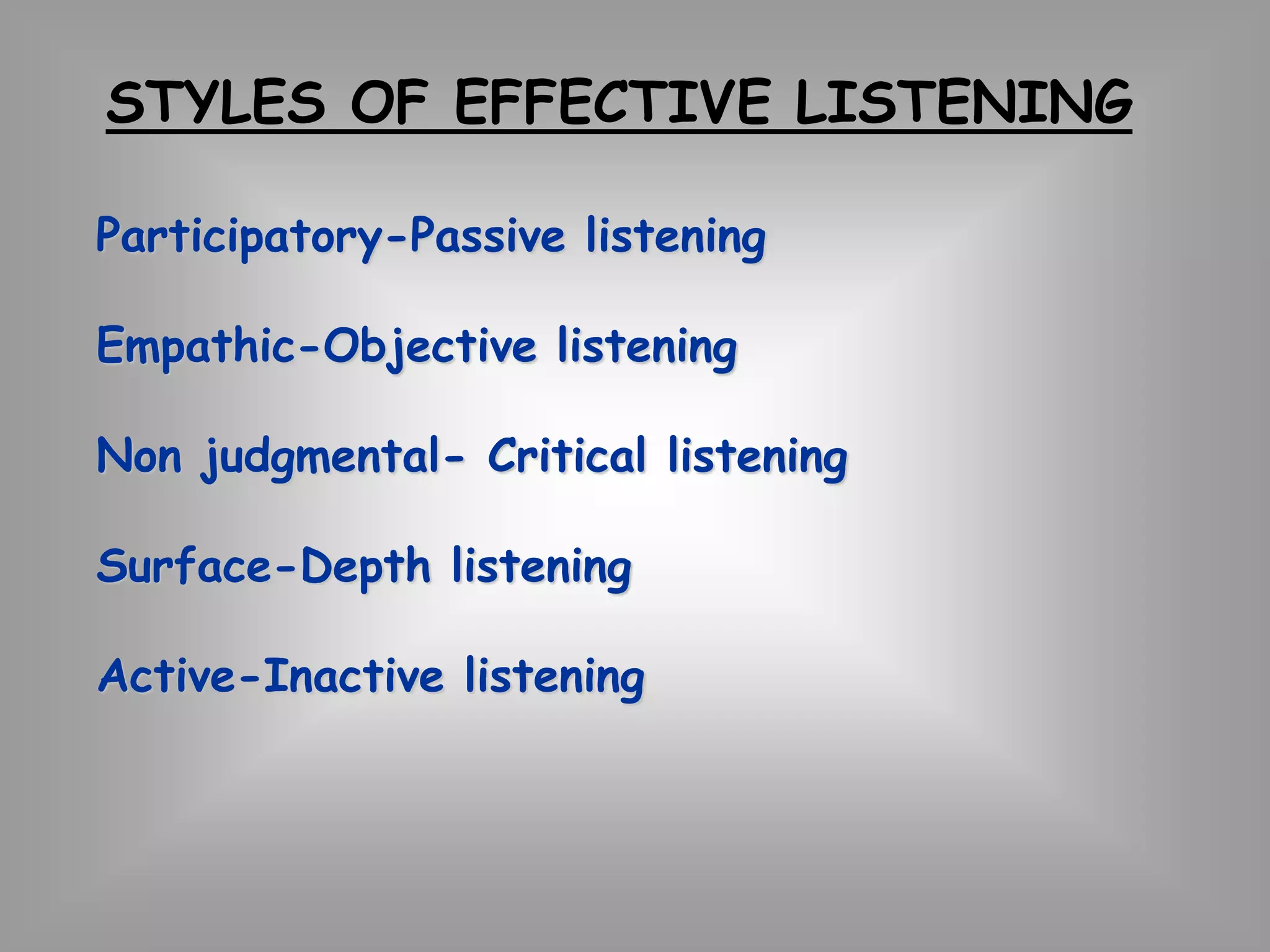 STYLES OF EFFECTIVE LISTENING 
Participatory-Passive listening 
Empathic-Objective listening 
Non judgmental- Critical listening 
Surface-Depth listening 
Active-Inactive listening 
 