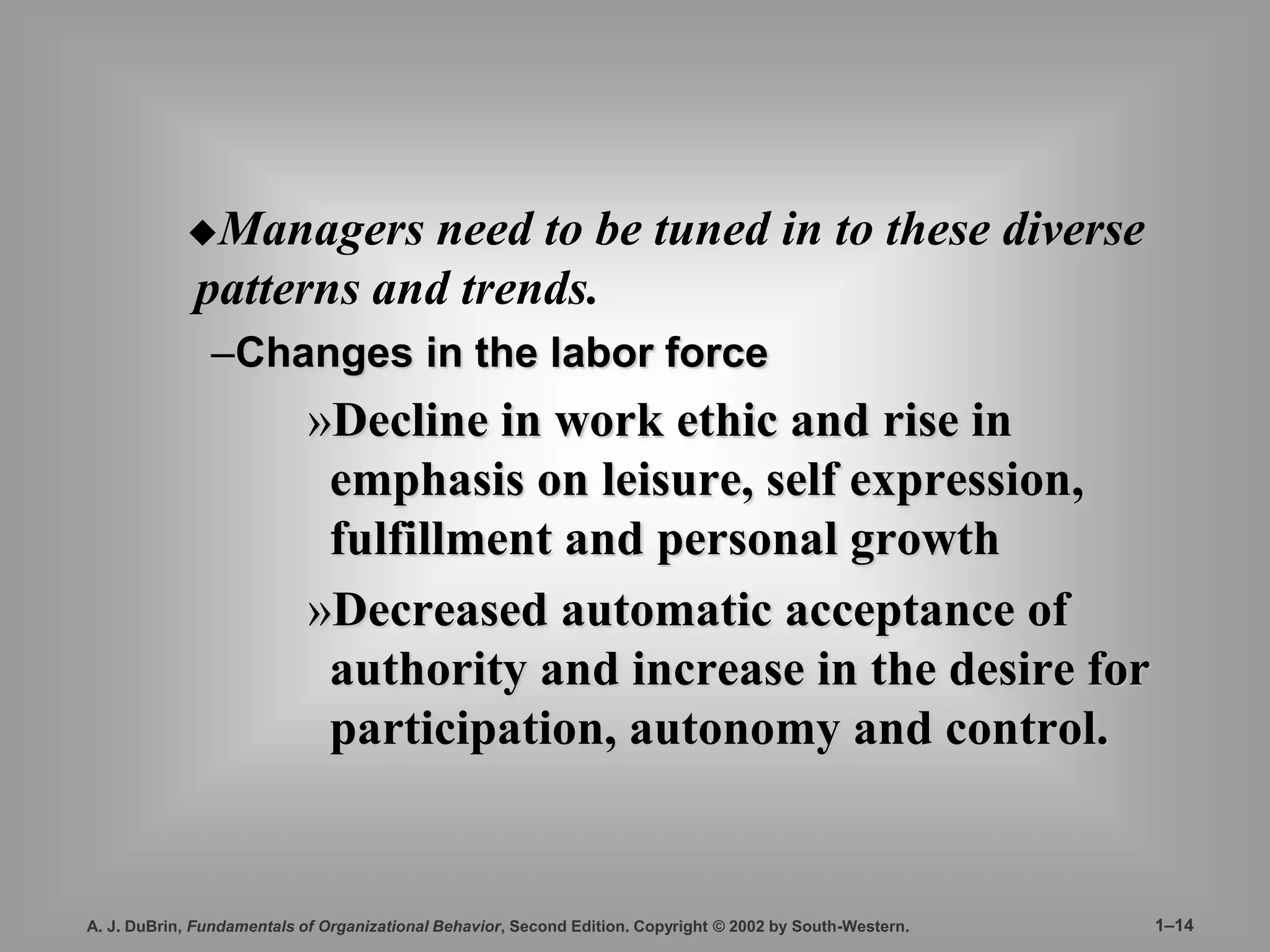 Managers need to be tuned in to these diverse 
patterns and trends. 
–Changes in the labor force 
»Decline in work ethic and rise in 
emphasis on leisure, self expression, 
fulfillment and personal growth 
»Decreased automatic acceptance of 
authority and increase in the desire for 
participation, autonomy and control. 
A. J. DuBrin, Fundamentals of Organizational Behavior, Second Edition. Copyright © 2002 by South-Western. 1–14 
 