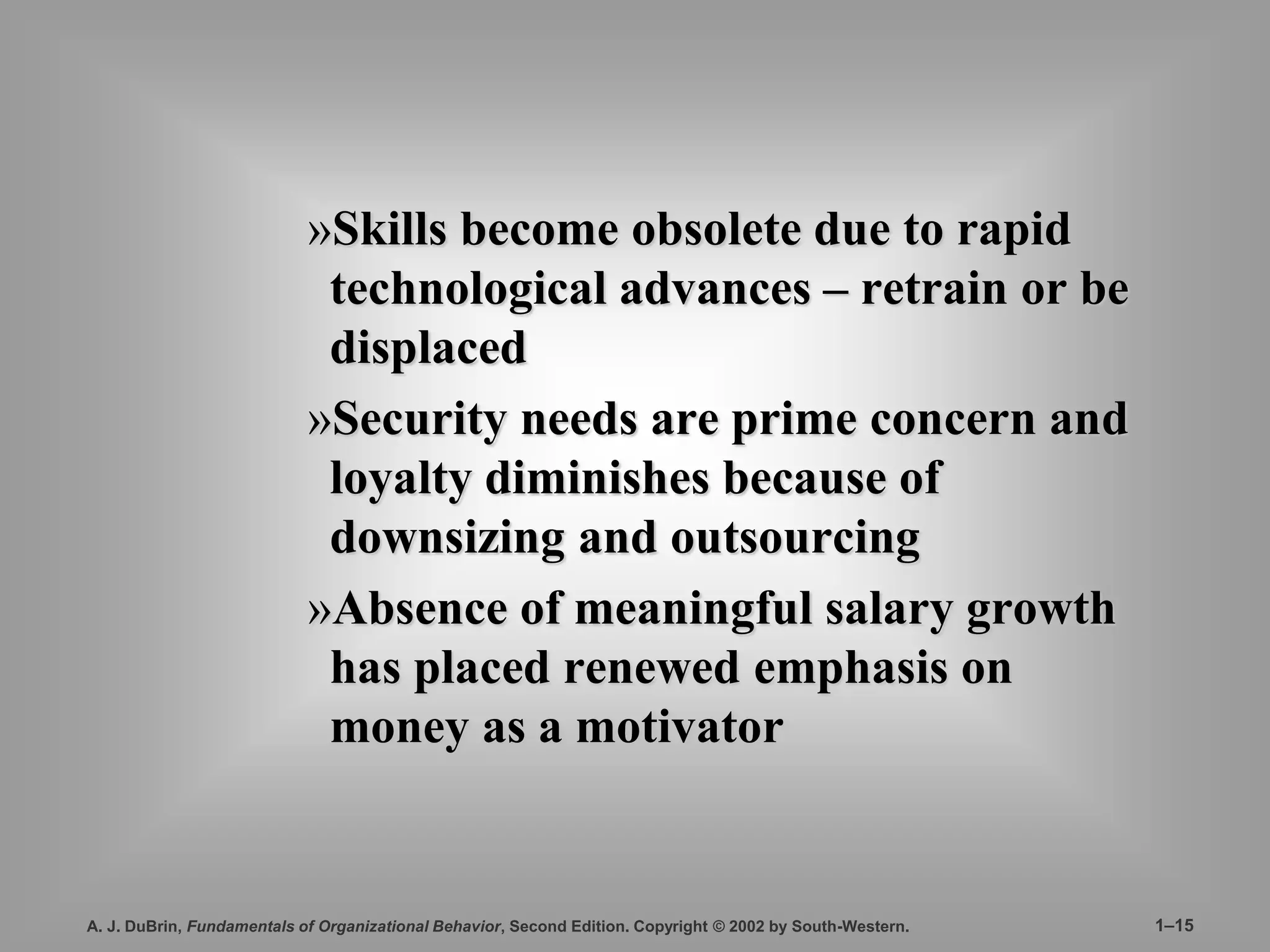 »Skills become obsolete due to rapid 
technological advances – retrain or be 
displaced 
»Security needs are prime concern and 
loyalty diminishes because of 
downsizing and outsourcing 
»Absence of meaningful salary growth 
has placed renewed emphasis on 
money as a motivator 
A. J. DuBrin, Fundamentals of Organizational Behavior, Second Edition. Copyright © 2002 by South-Western. 1–15 
 