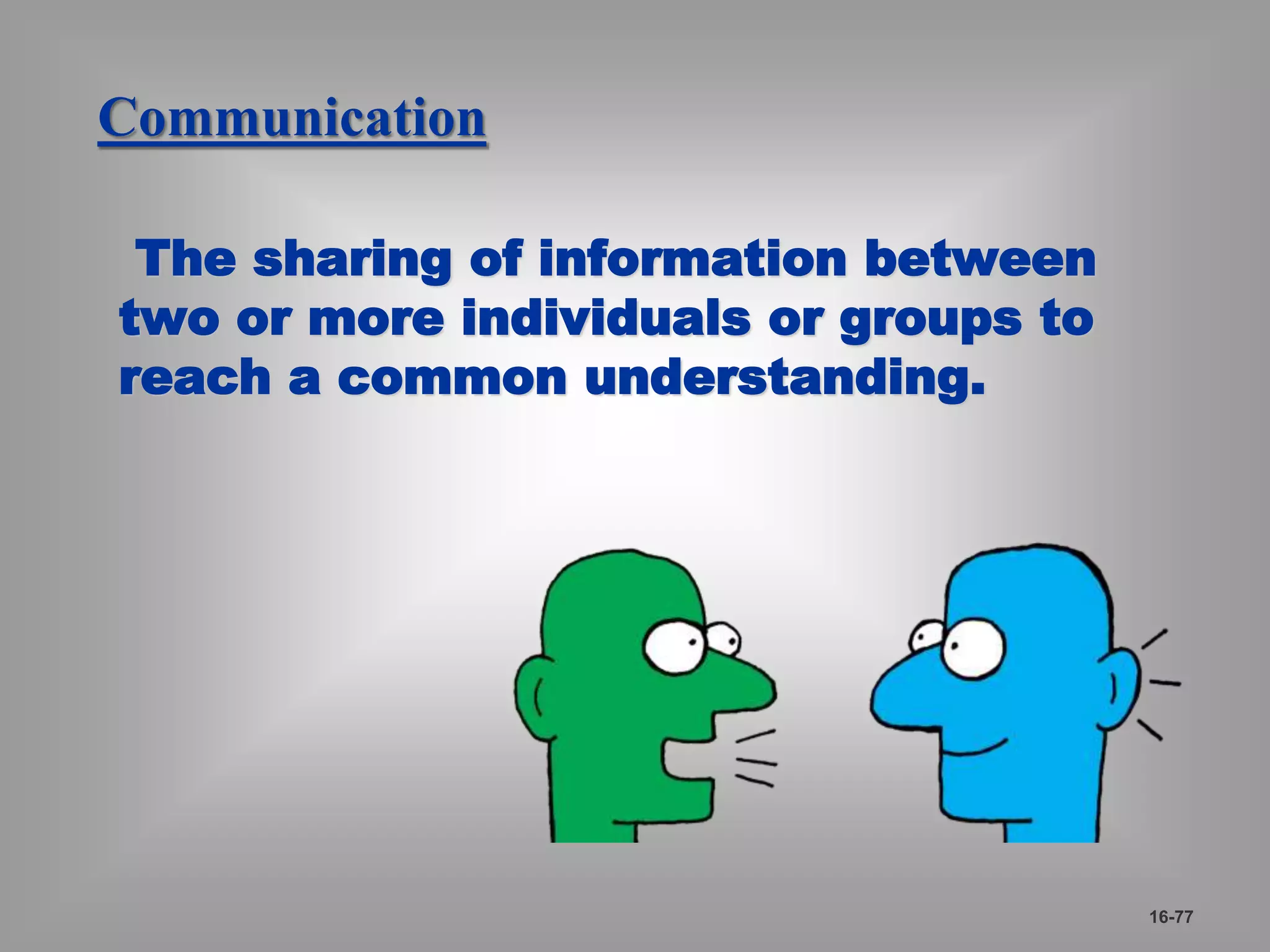 Communication 
The sharing of information between 
two or more individuals or groups to 
reach a common understanding. 
16-77 
 