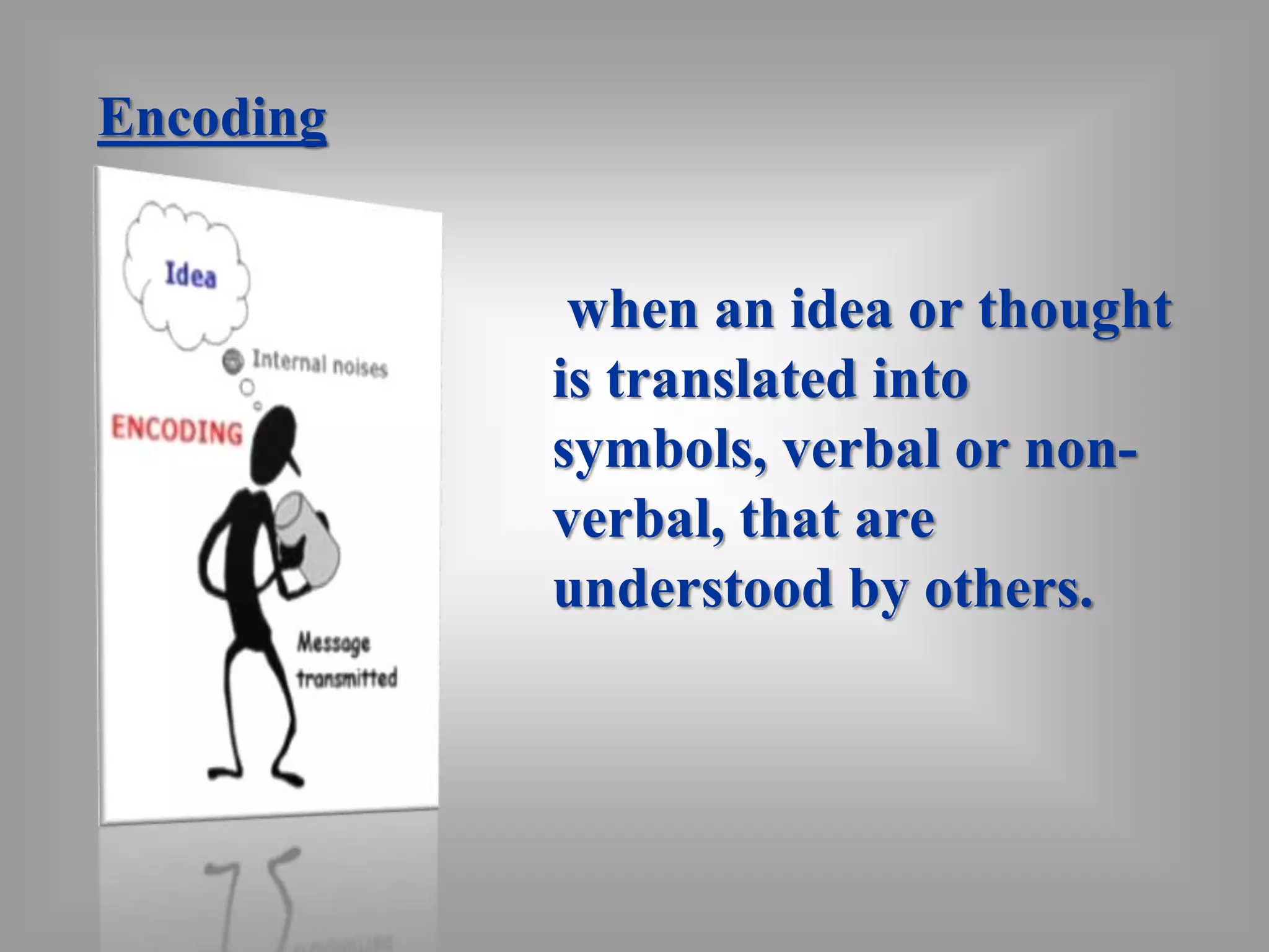 Encoding 
when an idea or thought 
is translated into 
symbols, verbal or non-verbal, 
that are 
understood by others. 
 