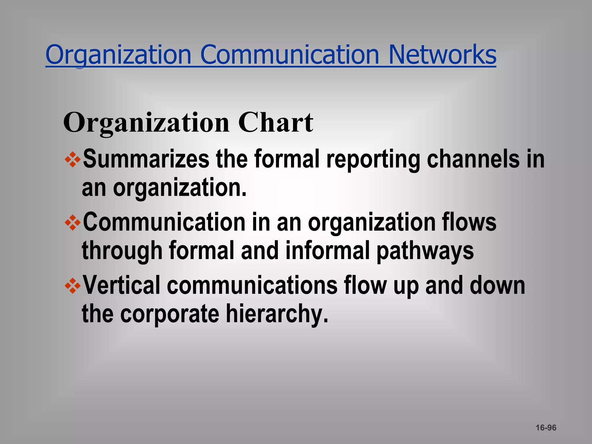 Organization Communication Networks 
Organization Chart 
Summarizes the formal reporting channels in 
an organization. 
Communication in an organization flows 
through formal and informal pathways 
Vertical communications flow up and down 
the corporate hierarchy. 
16-96 
 