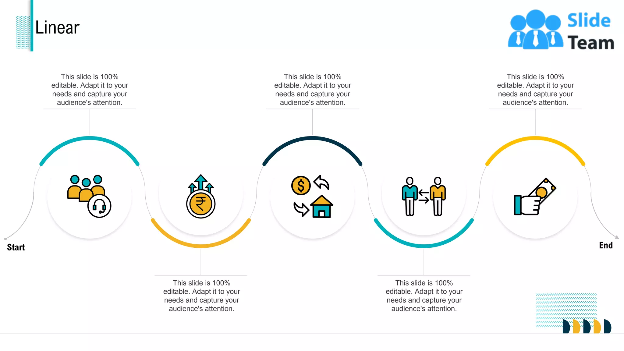 Linear
This slide is 100%
editable. Adapt it to your
needs and capture your
audience's attention.
This slide is 100%
editable. Adapt it to your
needs and capture your
audience's attention.
This slide is 100%
editable. Adapt it to your
needs and capture your
audience's attention.
This slide is 100%
editable. Adapt it to your
needs and capture your
audience's attention.
This slide is 100%
editable. Adapt it to your
needs and capture your
audience's attention.
Start End
33
 