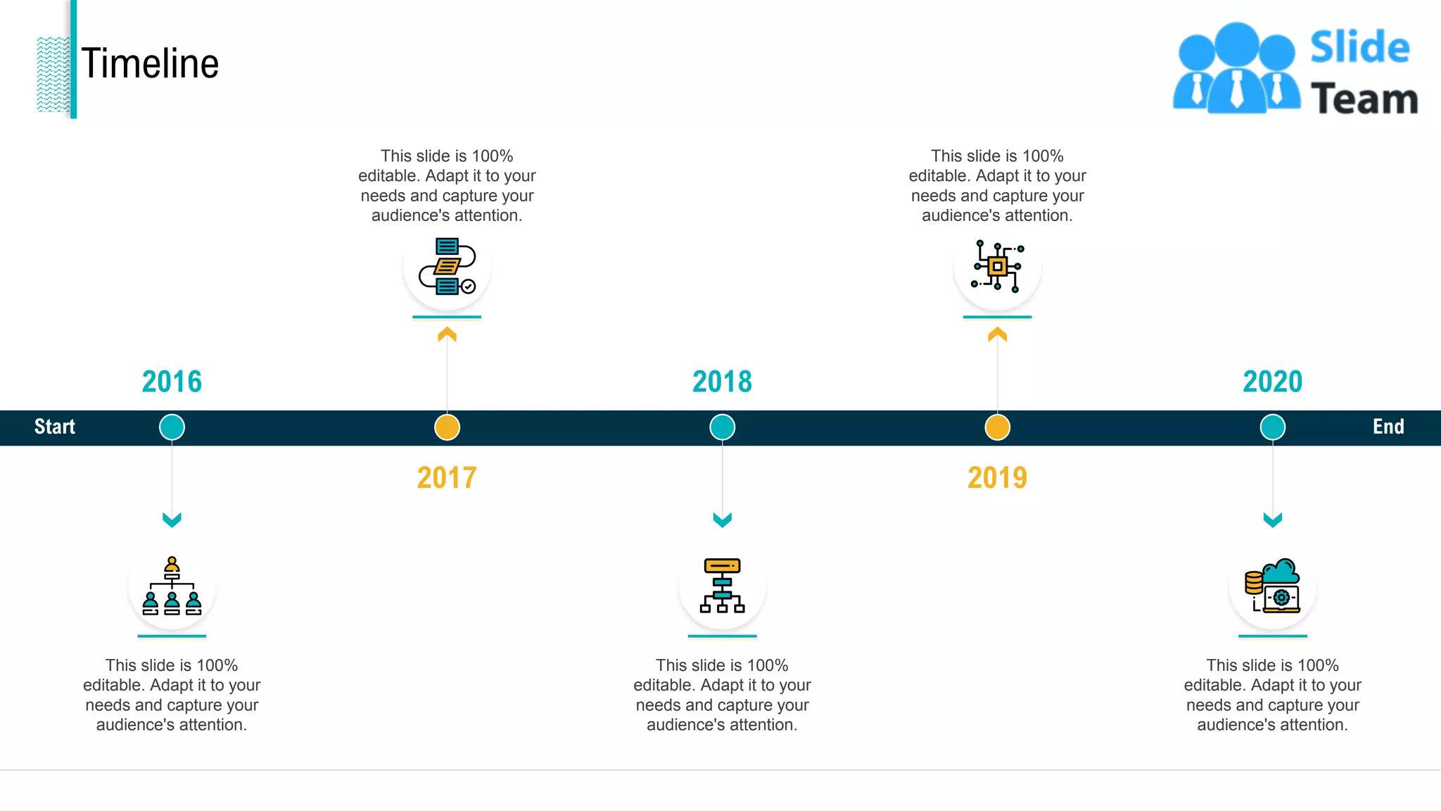 Timeline
Start End
2016
This slide is 100%
editable. Adapt it to your
needs and capture your
audience's attention.
This slide is 100%
editable. Adapt it to your
needs and capture your
audience's attention.
2017
This slide is 100%
editable. Adapt it to your
needs and capture your
audience's attention.
2018
This slide is 100%
editable. Adapt it to your
needs and capture your
audience's attention.
2019
This slide is 100%
editable. Adapt it to your
needs and capture your
audience's attention.
2020
36
 